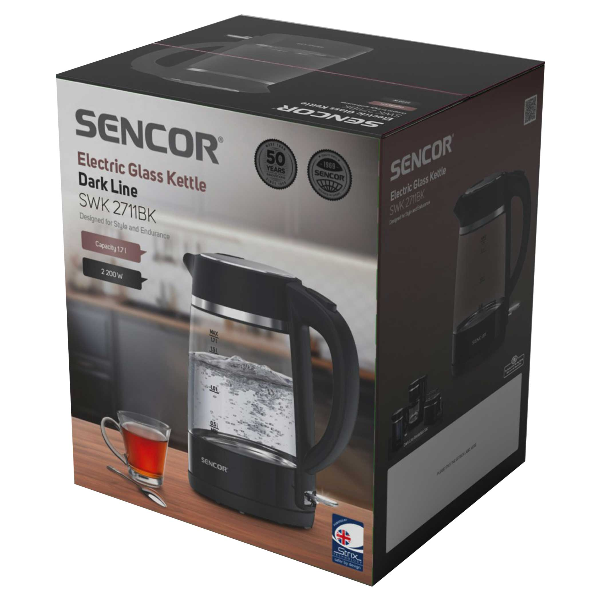 SENCOR elektromos üveg teafőző, 1,7 L, 2200 W.