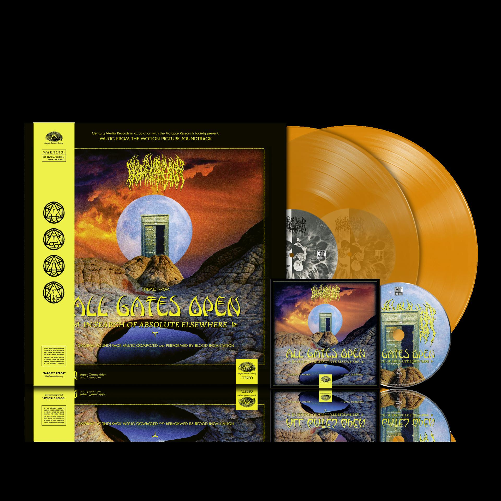 Orange Vinyls und CDs mit einem Tor im Mond, Felsen und einem dramatischen Himmel.