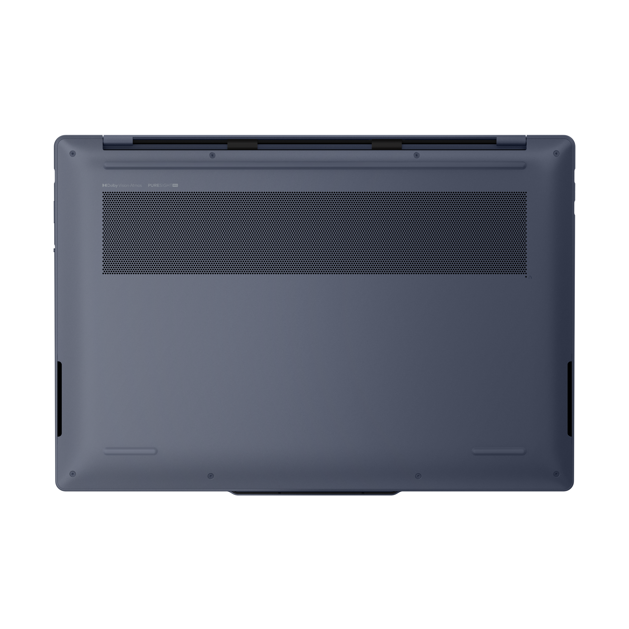 Unterseite eines blauen Laptops mit Lüftungsgitter und Schrauben.