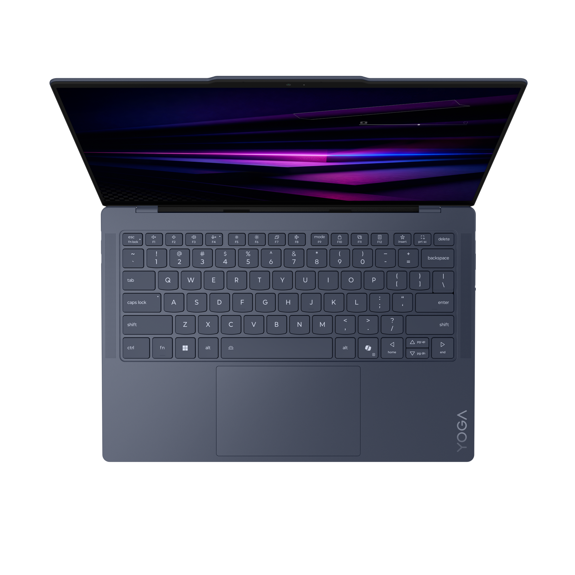 Dunkelblaues Yoga-Laptop, von oben geöffnet, mit beleuchtetem violettem Bildschirmhintergrund.