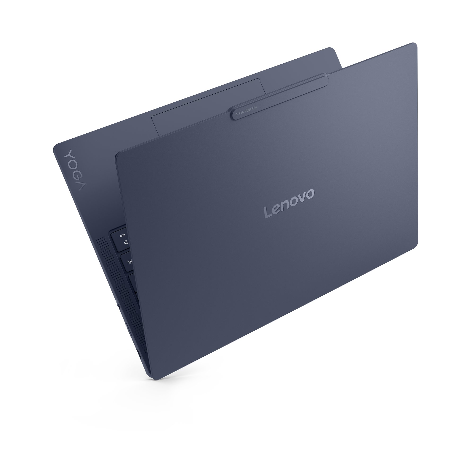 Ein geschlossener, dunkelblauer Lenovo Yoga Laptop mit Aura Edition-Schriftzug.