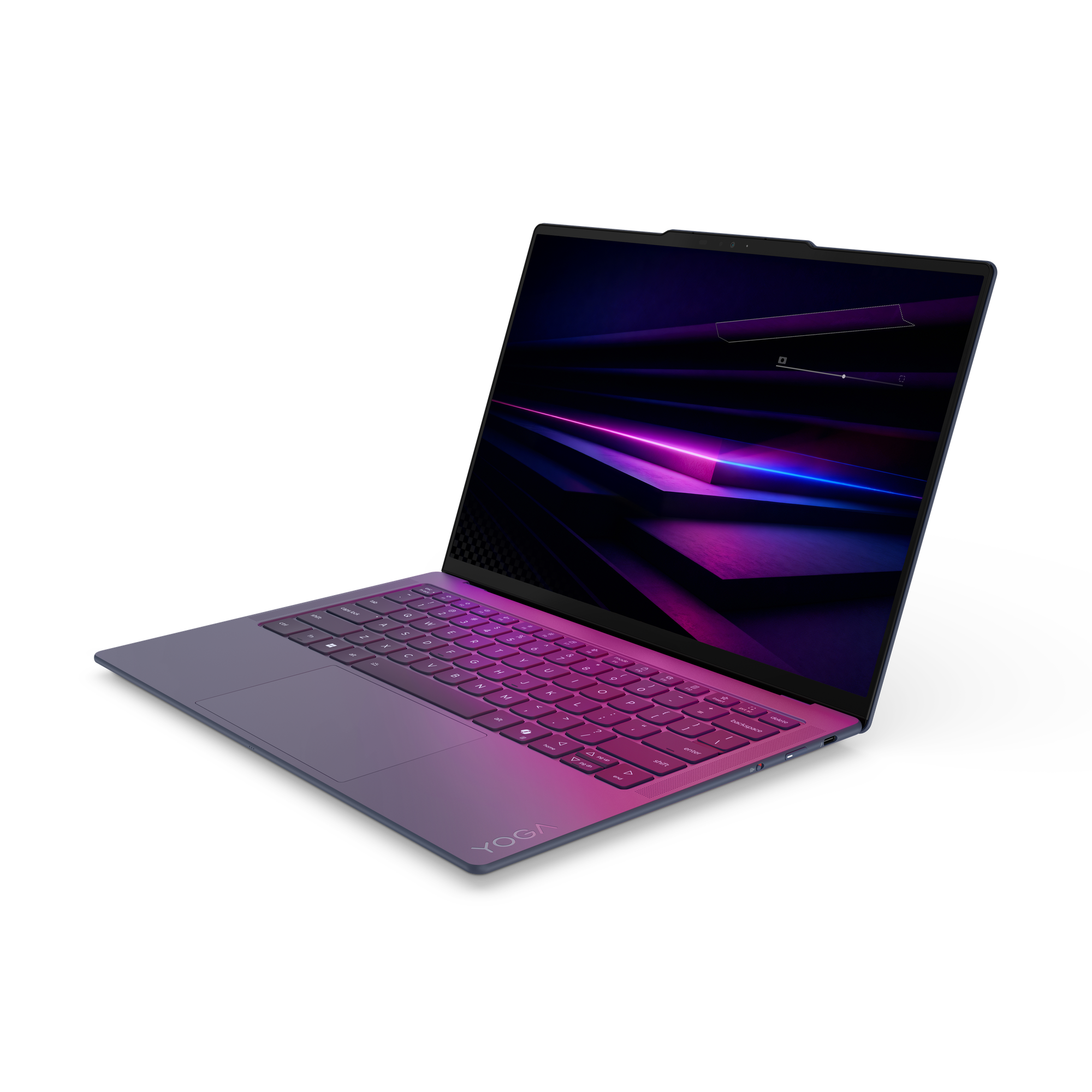 Ein violett-pinker Laptop mit beleuchteter Tastatur auf schwarzem Hintergrund.
