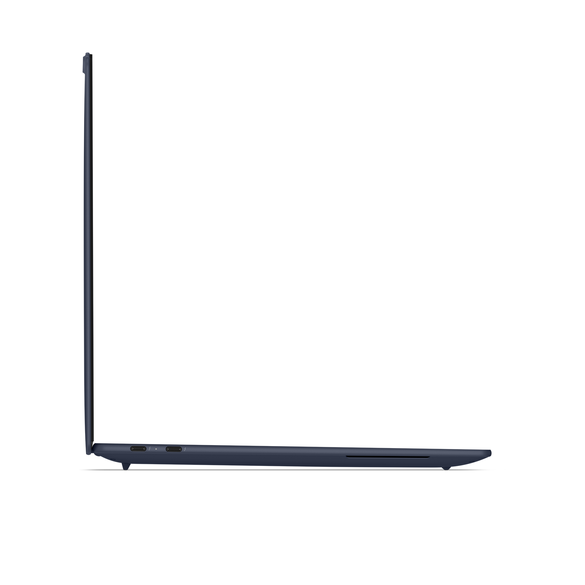 Dunkelblaues Laptop im Profil mit zwei USB-C-Anschlüssen.