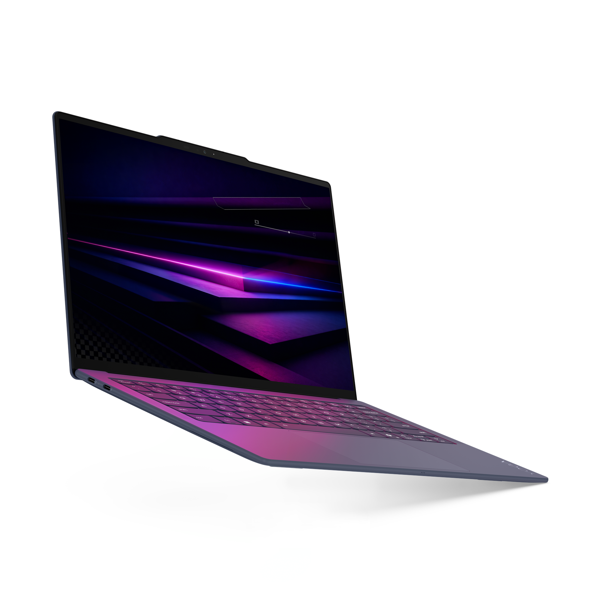 Ein geöffneter Laptop mit einem dunklen, neonfarbenen Hintergrund auf dem Bildschirm.
