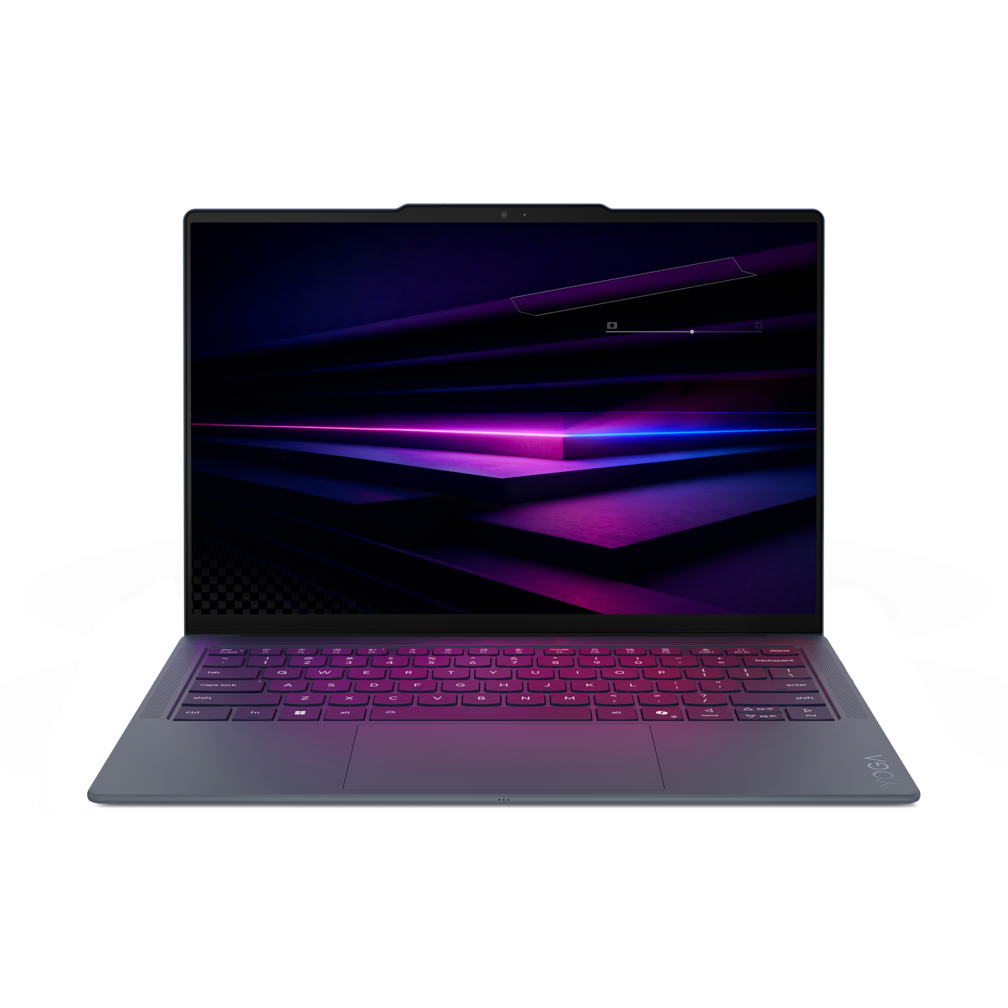 Ein geöffneter Laptop mit beleuchteter Tastatur und einem abstrakten Hintergrund.