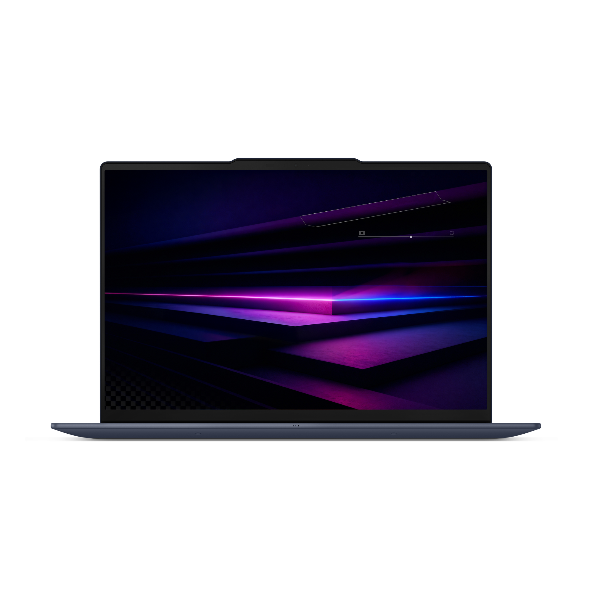 Ein geöffneter Laptop mit einem dunklen, abstrakten Hintergrund in Lila und Blau.