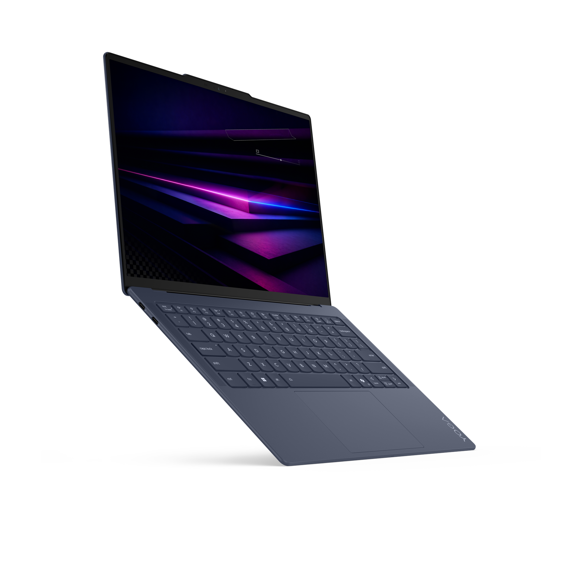 Ein dunkelblauer Laptop mit beleuchtetem Bildschirm, der auf schwarzem Hintergrund steht.