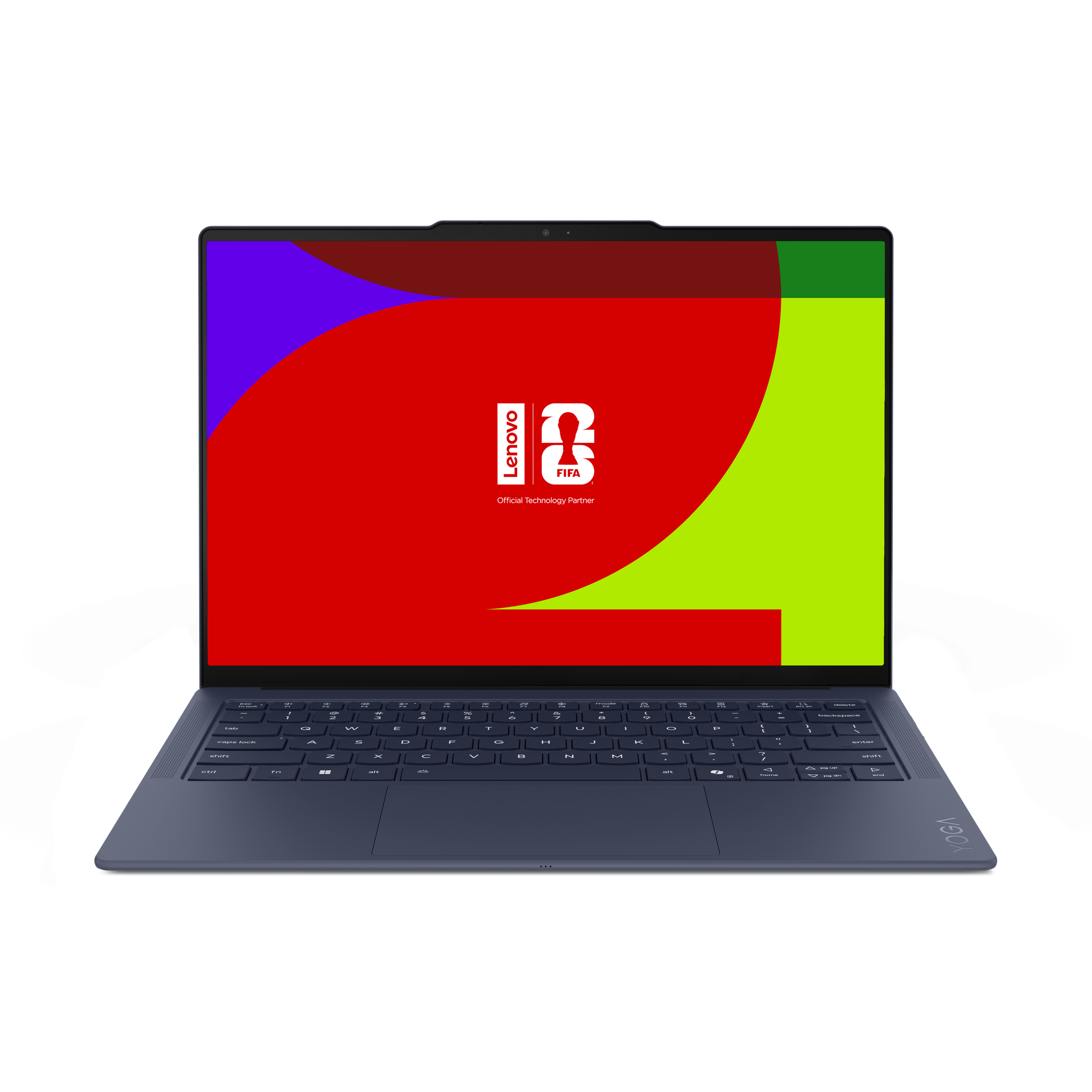 Ein blauer Lenovo Laptop mit einem bunten Startbildschirm und FIFA-Logo.