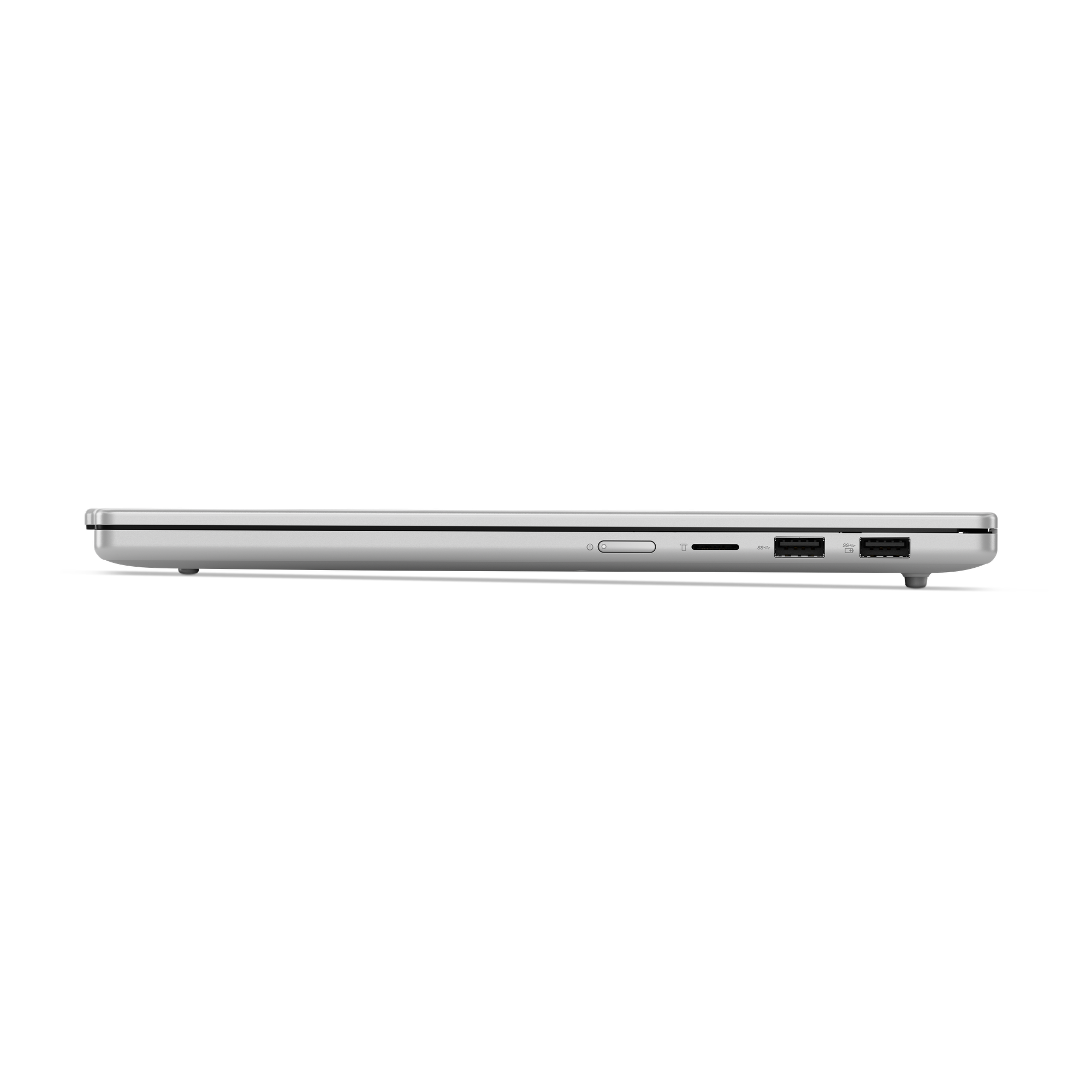 Seite eines silbernen Laptops mit Anschlüssen wie USB und SD-Kartenleser.
