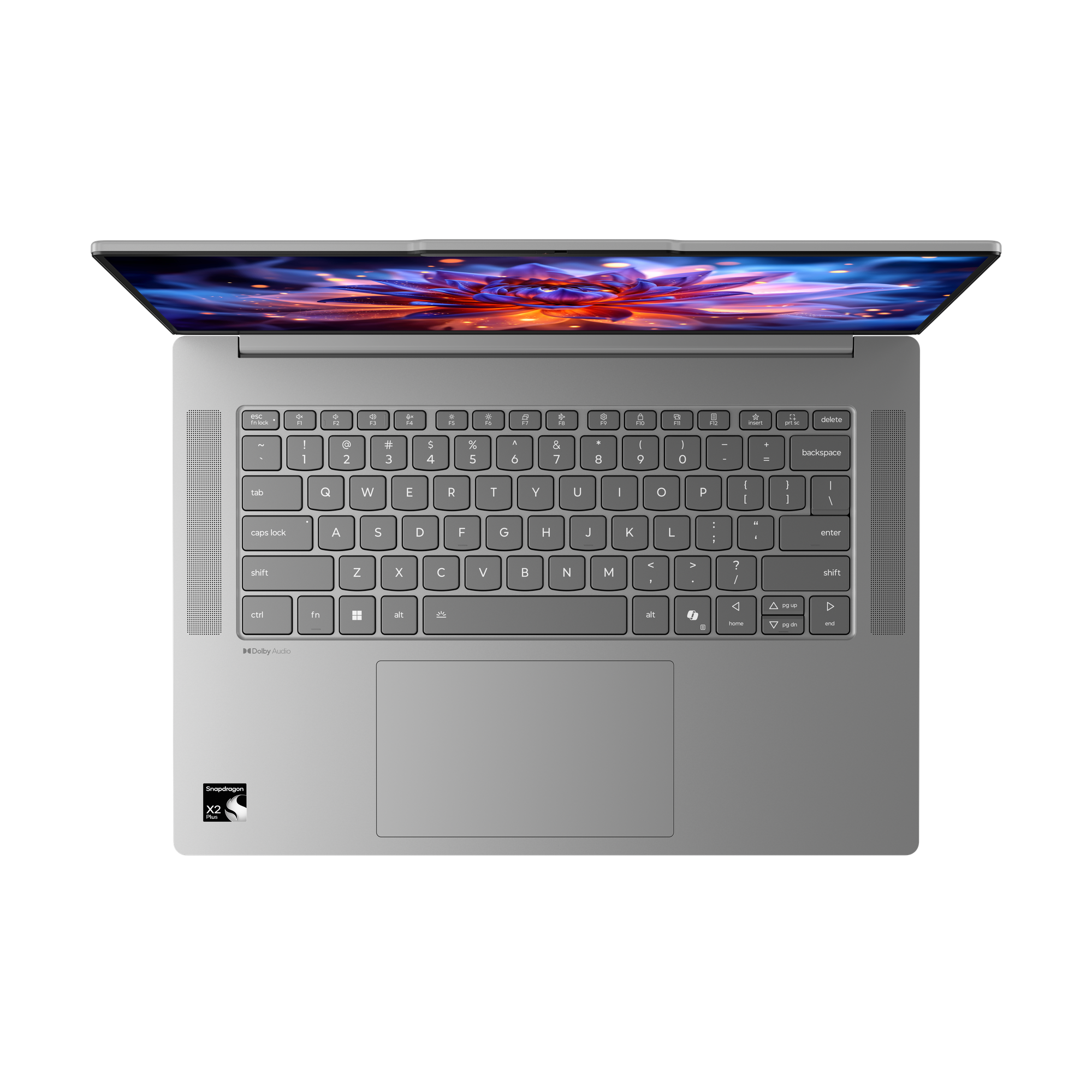 Ein offenes silbernes Laptop mit einem bunten Hintergrundbild auf dem Bildschirm.