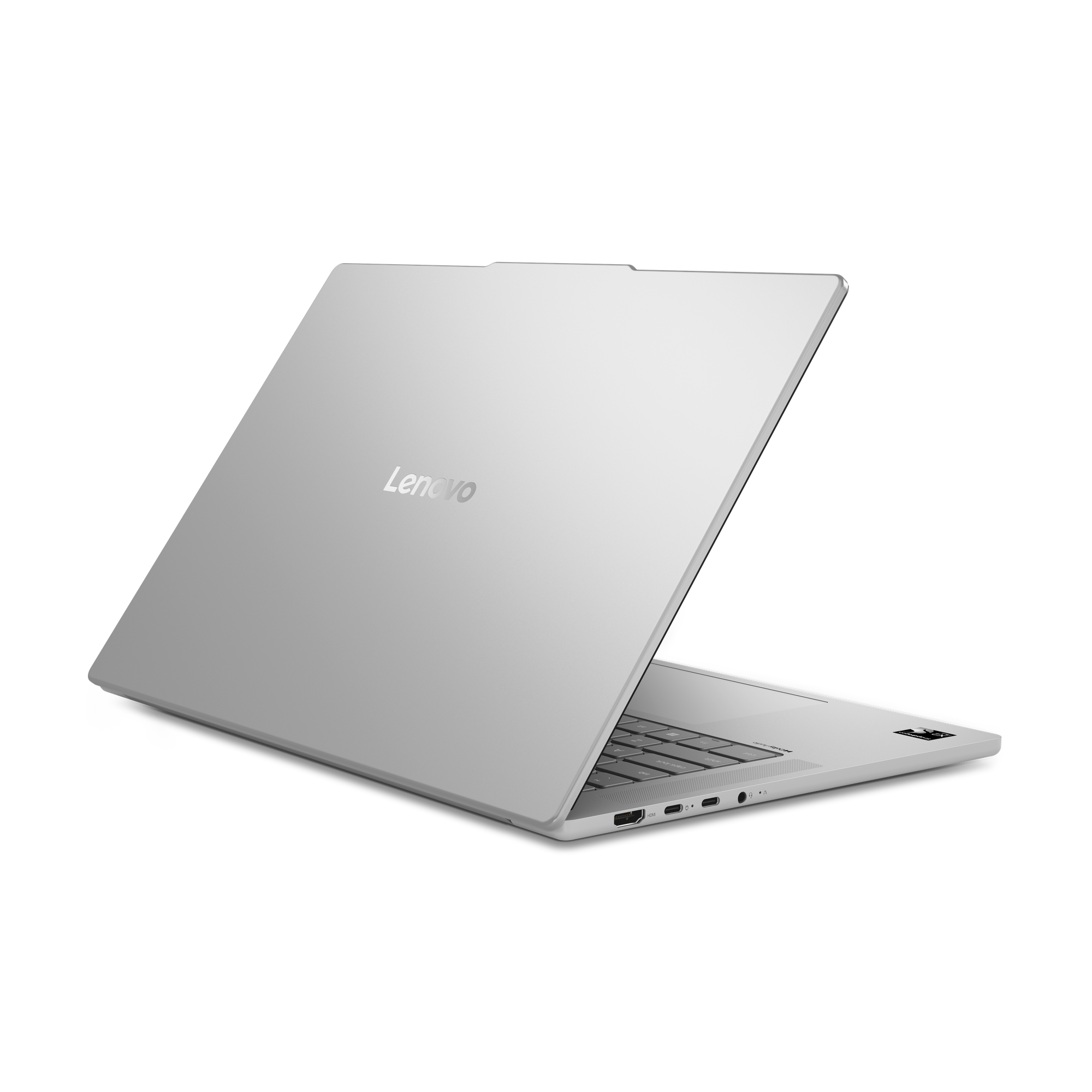 Ein silberner Lenovo Laptop, von links hinten gezeigt, mit geöffnetem Deckel.