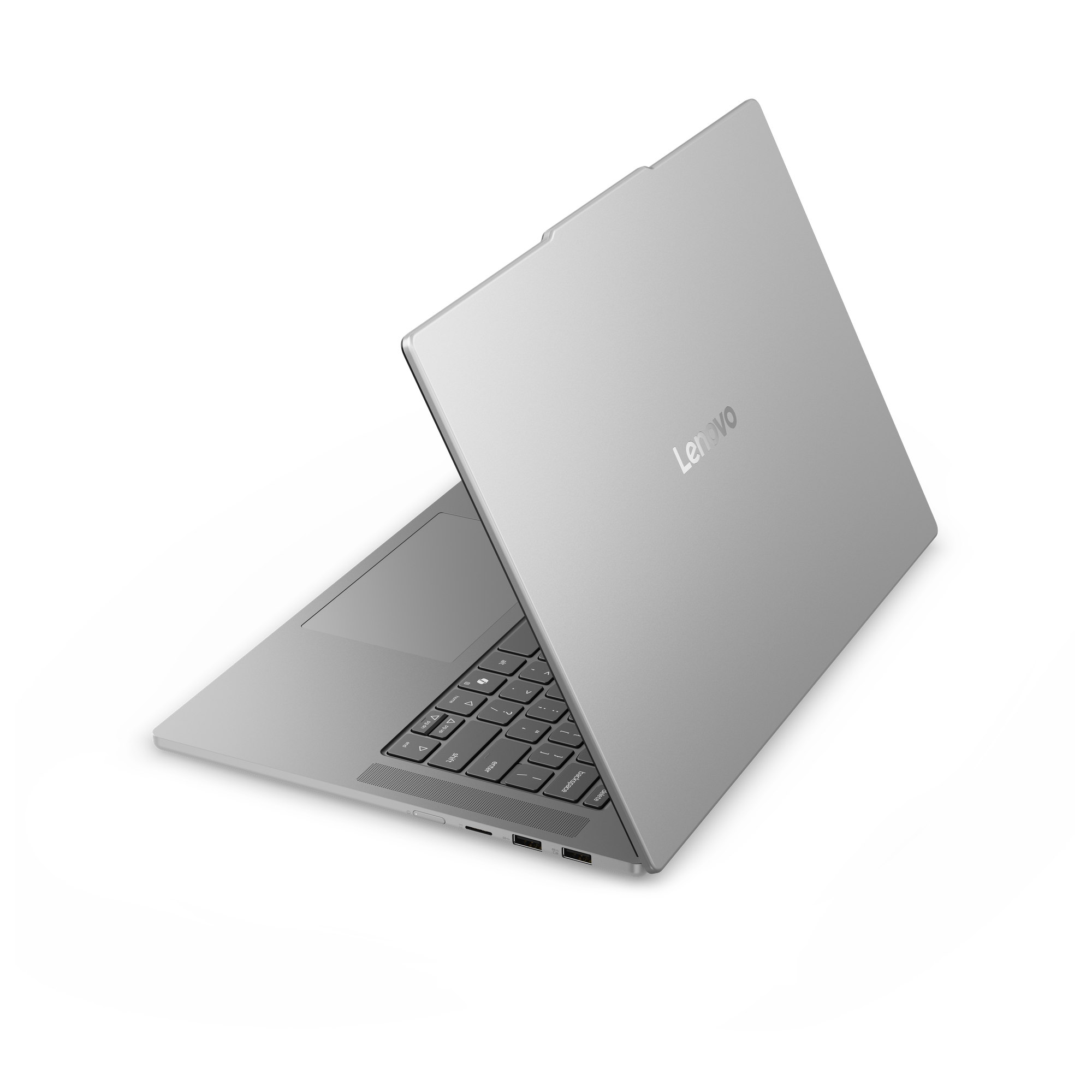 Ein silberner Lenovo Laptop mit Tastatur und Anschlüssen auf schwarzem Hintergrund.