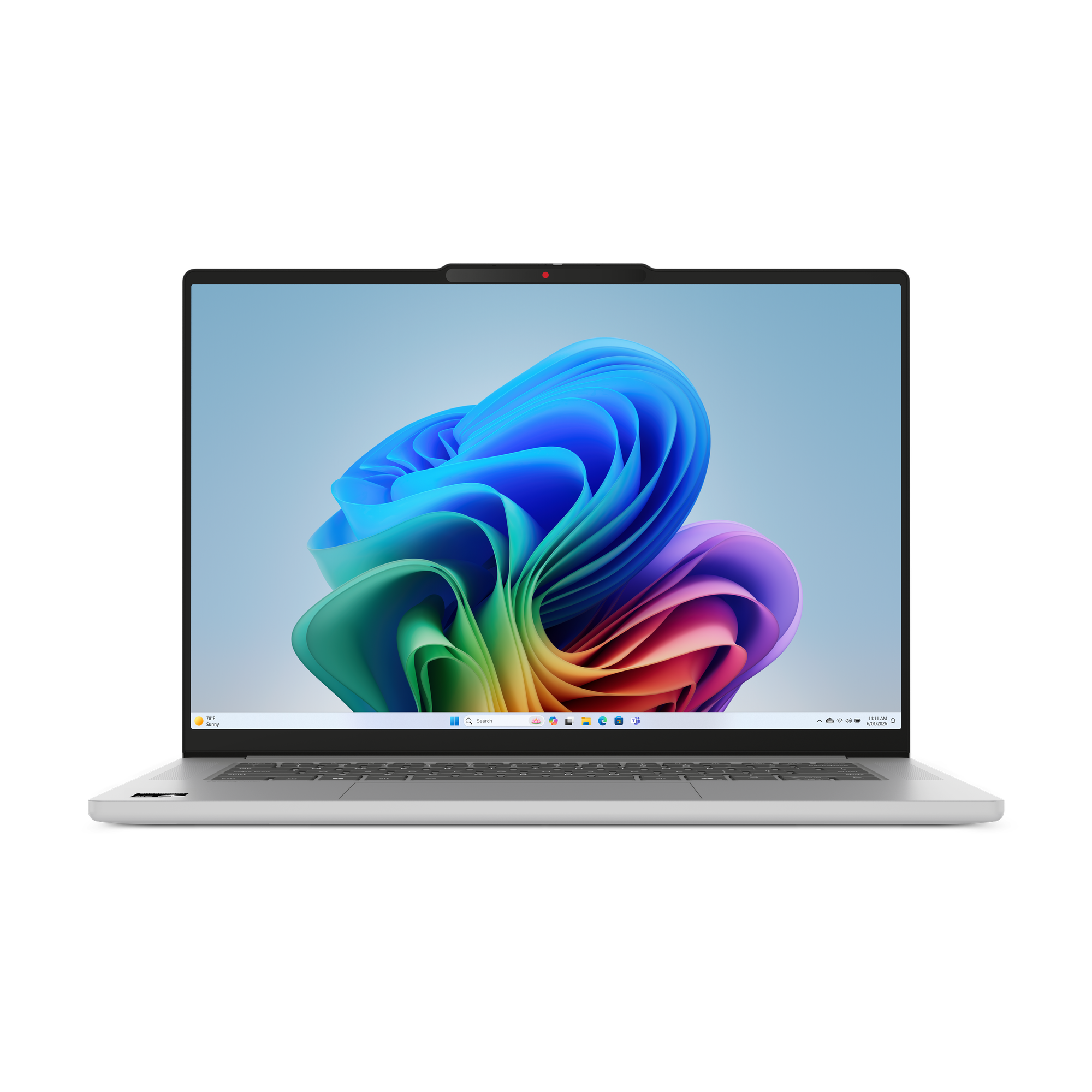 Ein silberner Laptop mit buntem Hintergrundbild und Taskleiste.