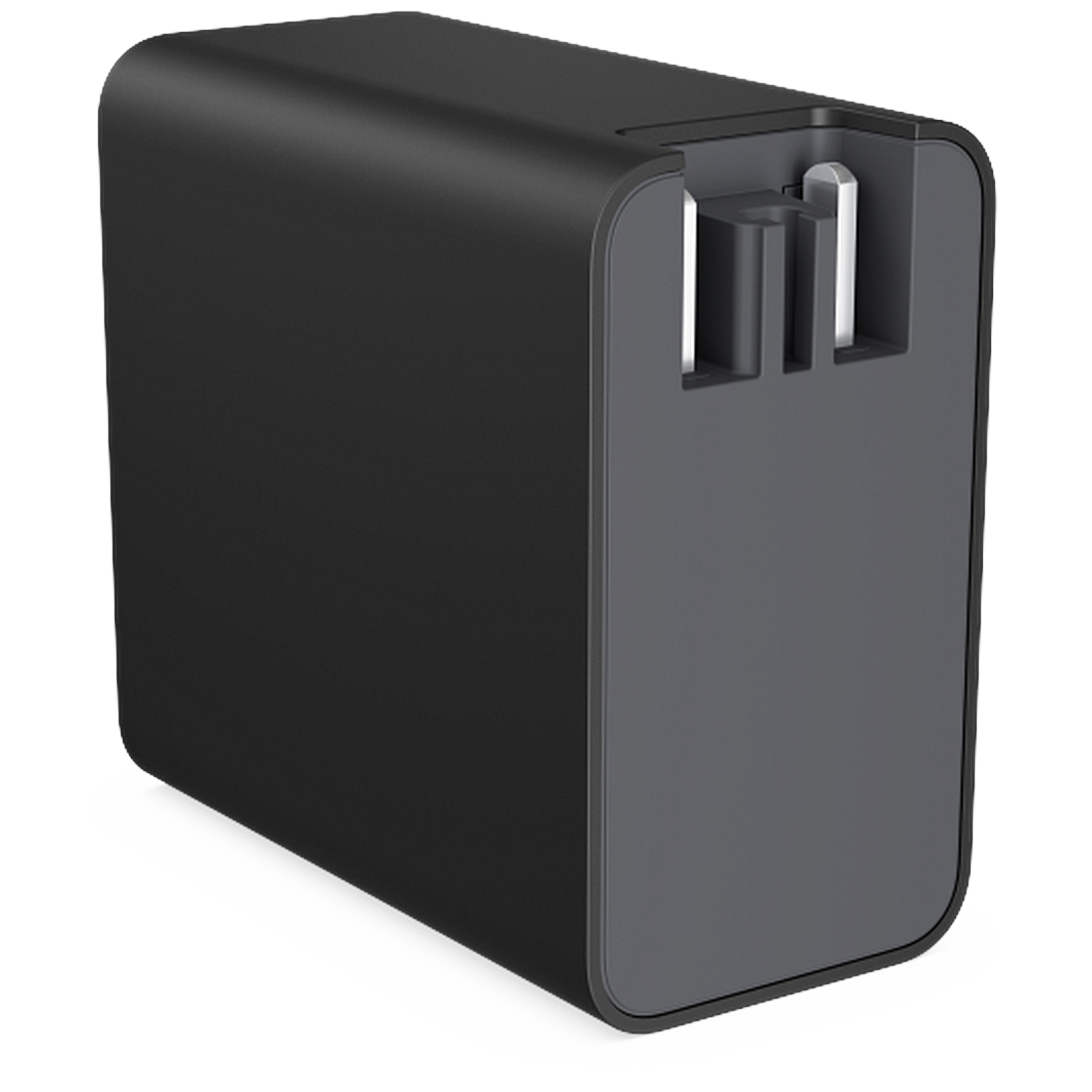 Black wall charger adapter with two USB ports.