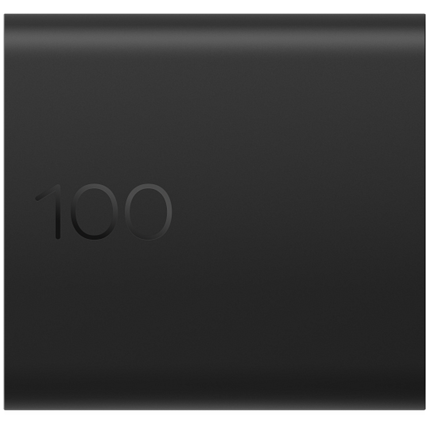 Black object with embossed number 100.