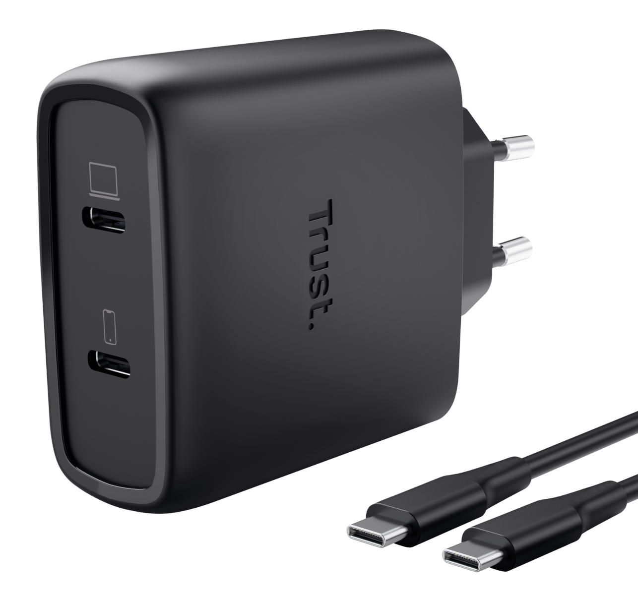 Czarna ładowarka USB-C z dwoma portami i dwoma kablami USB-C.