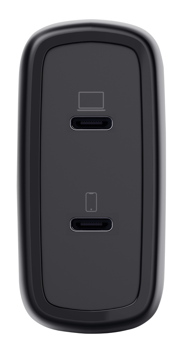 Czarna ładowarka z dwoma portami USB-C, jednym dla laptopów i jednym dla smartfonów.