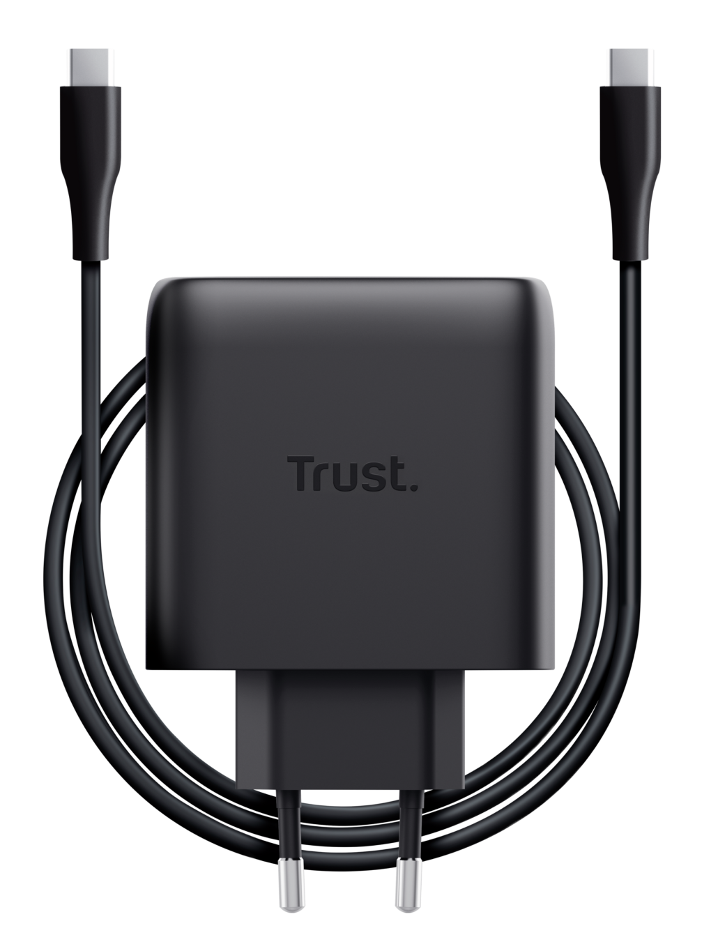 Czarna ładowarka Trust z kablem USB-C na czarnym tle.