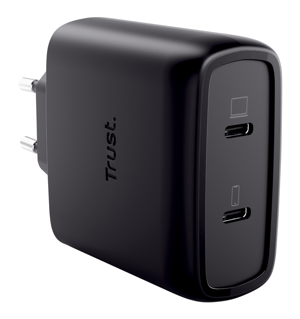 Czarna ładowarka Trust z dwoma portami USB-C i dwoma metalowymi bolcami.