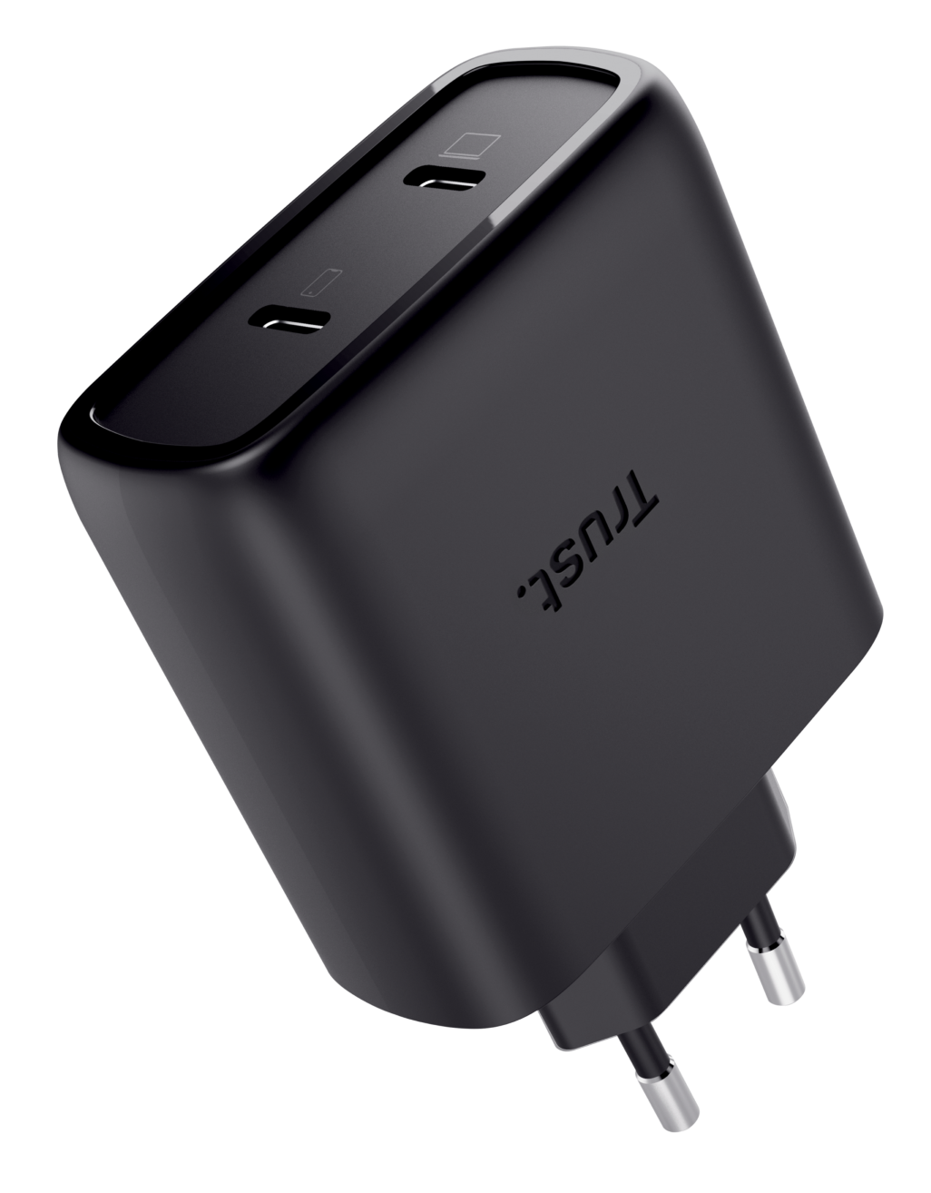 Czarna ładowarka Trust USB-C z dwoma portami i wtyczką europejską.