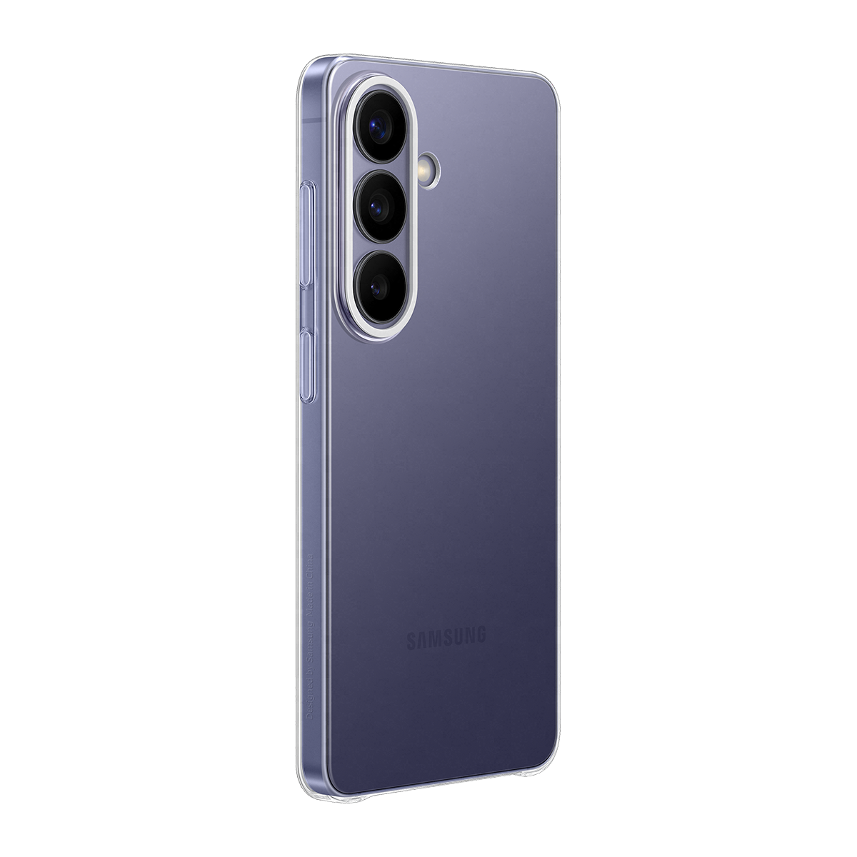 Fioletowy smartfon Samsung z trzema aparatami i logo z tyłu.