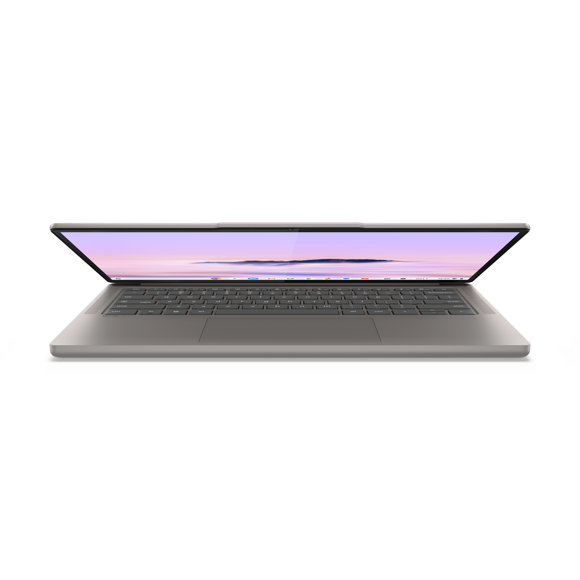 Ein silberner Laptop mit aufgeklapptem Bildschirm, der eine Lavendel-Himmel-Tapete anzeigt.