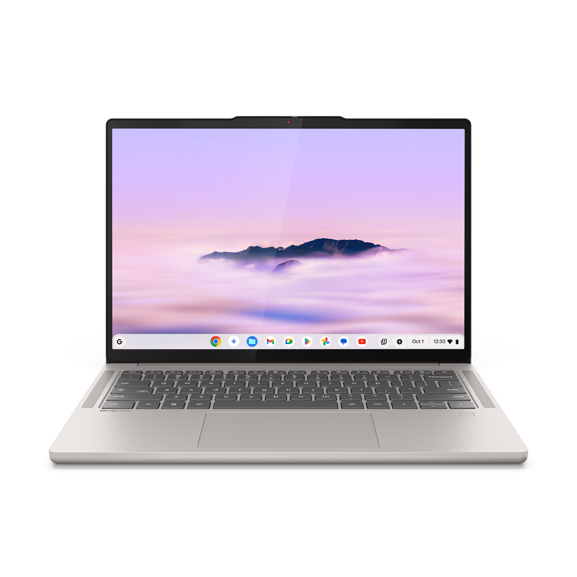 Ein silberner Laptop mit einem Bildschirm, der Berge über Wolken zeigt.