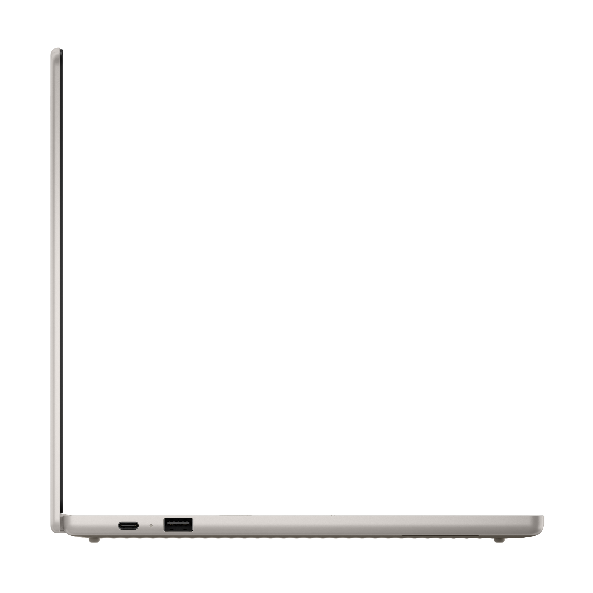 Seitenansicht eines hellgrauen Laptops mit USB-C und USB-A Anschlüssen.