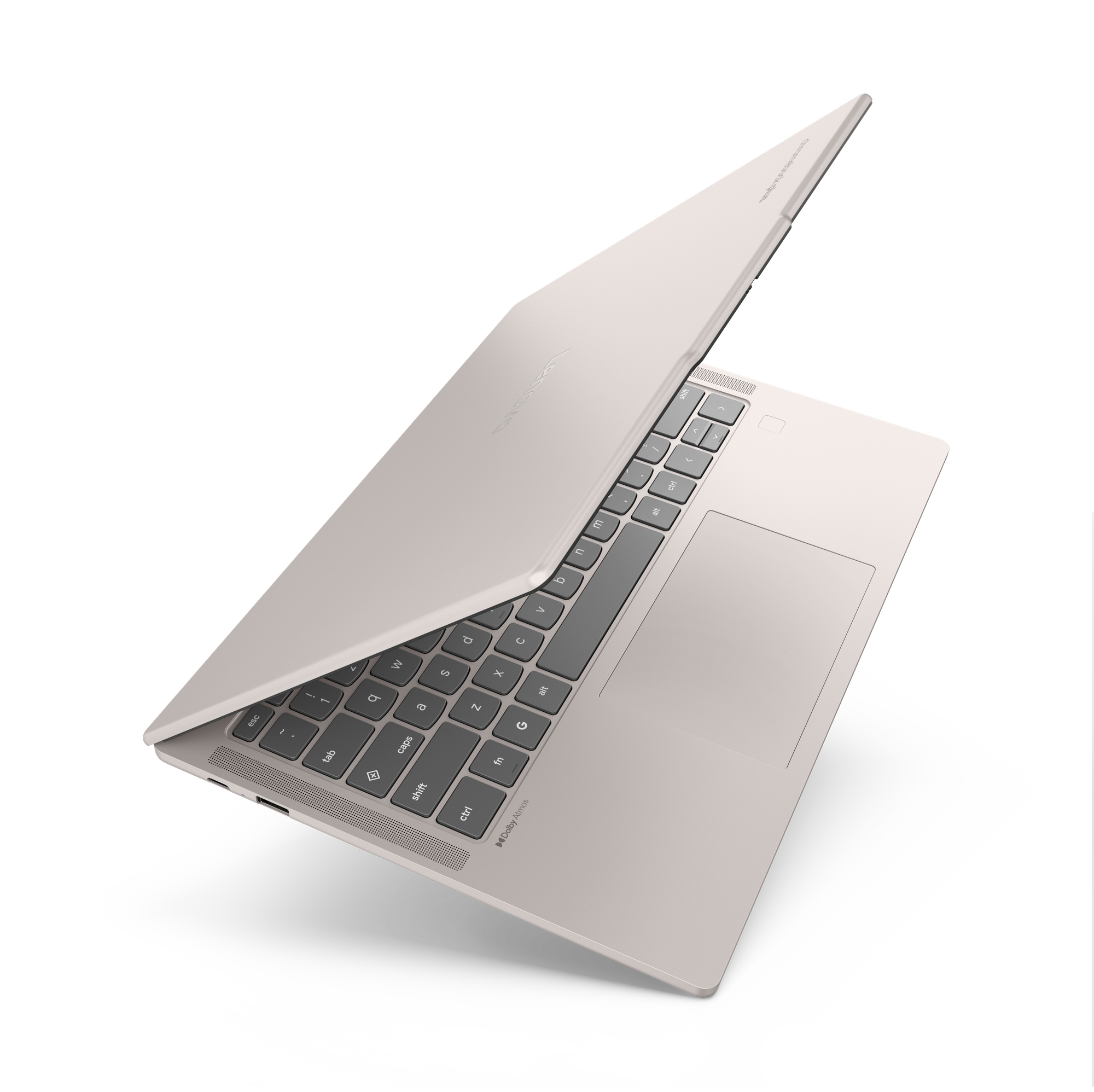 Ein hellrosa Laptop ist geöffnet, mit Tastatur und Touchpad sichtbar.
