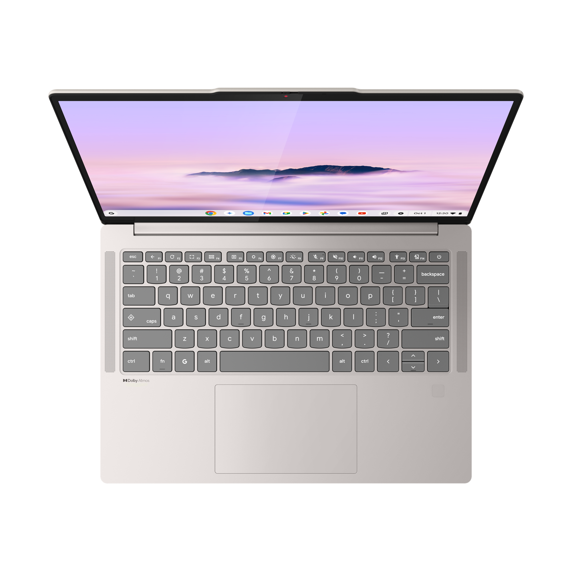 Ein aufgeklappter heller Laptop mit einer bergigen Wolkenlandschaft auf dem Bildschirm.