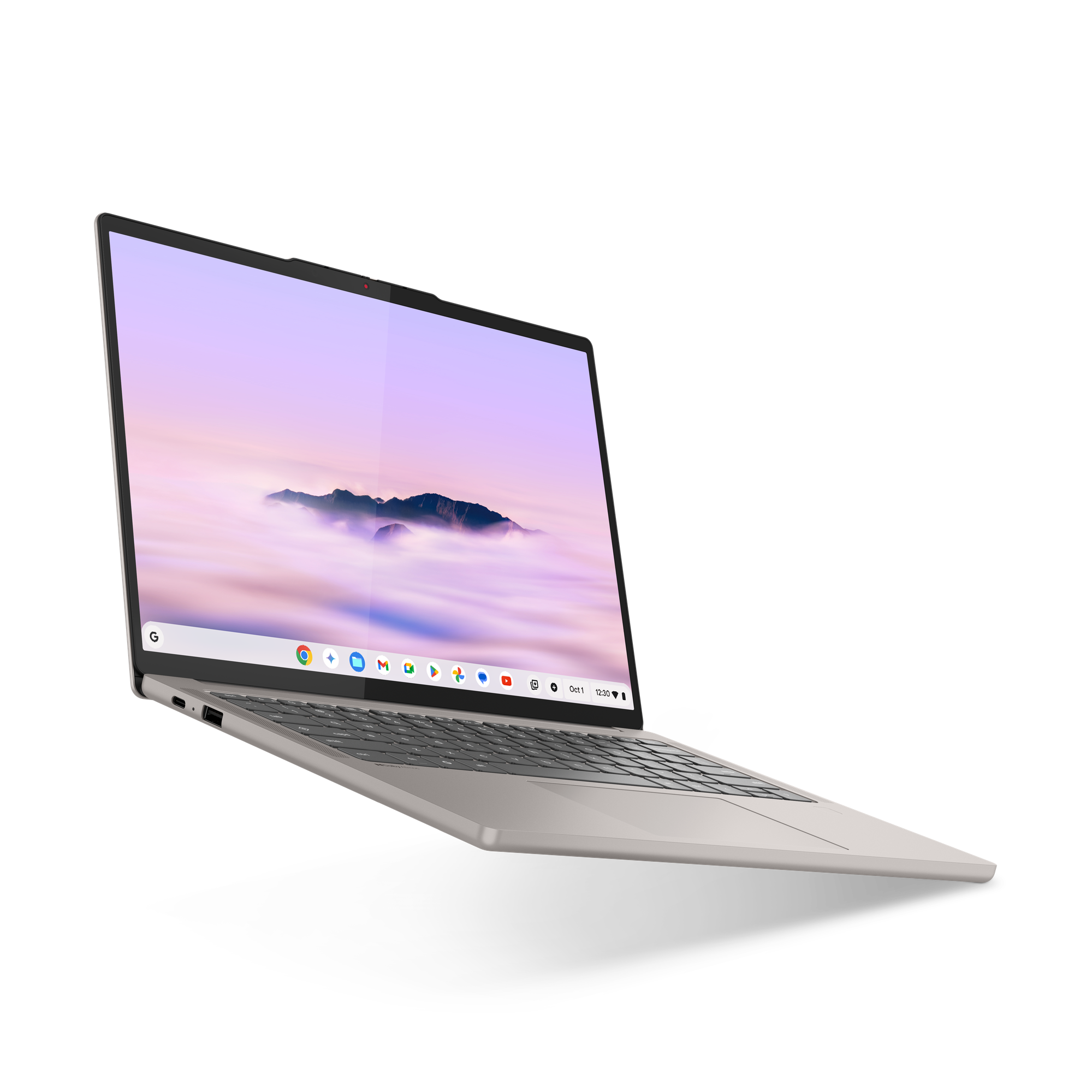 Ein silberner Laptop mit lila Wolken-Hintergrund und Symbolen auf der Taskleiste.
