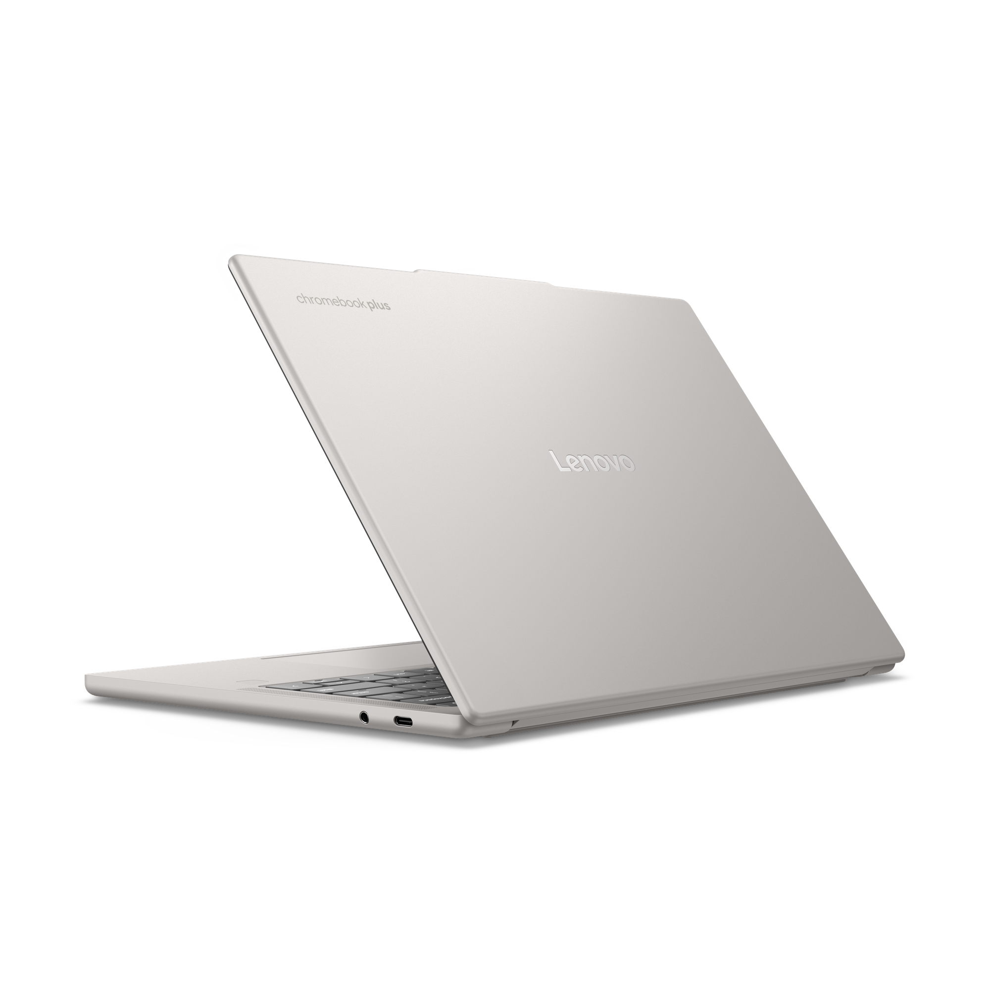 Ein geschlossenes, hellgraues Lenovo Chromebook mit Tastatur und Anschlüssen sichtbar.