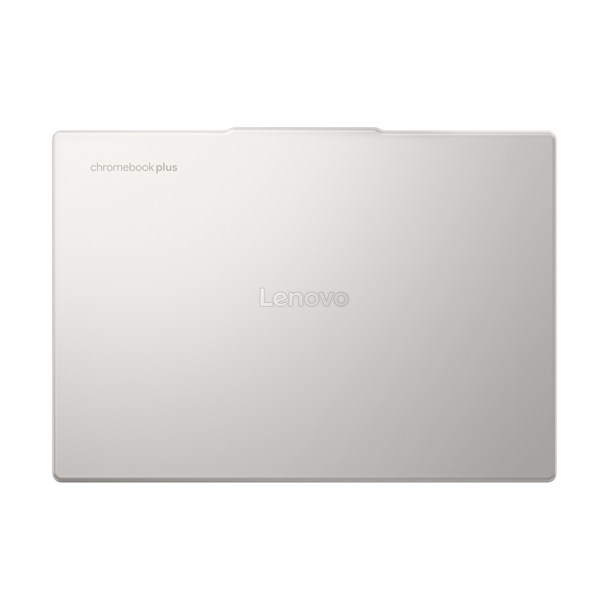 Ein geschlossenes, hellgraues Lenovo Chromebook Plus Laptop. Das Lenovo-Logo ist in der Mitte.
