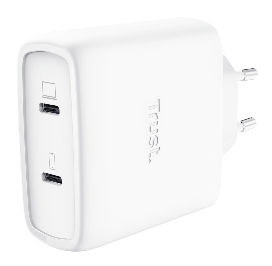 Biała ładowarka USB-C z dwoma portami i logo Trust.