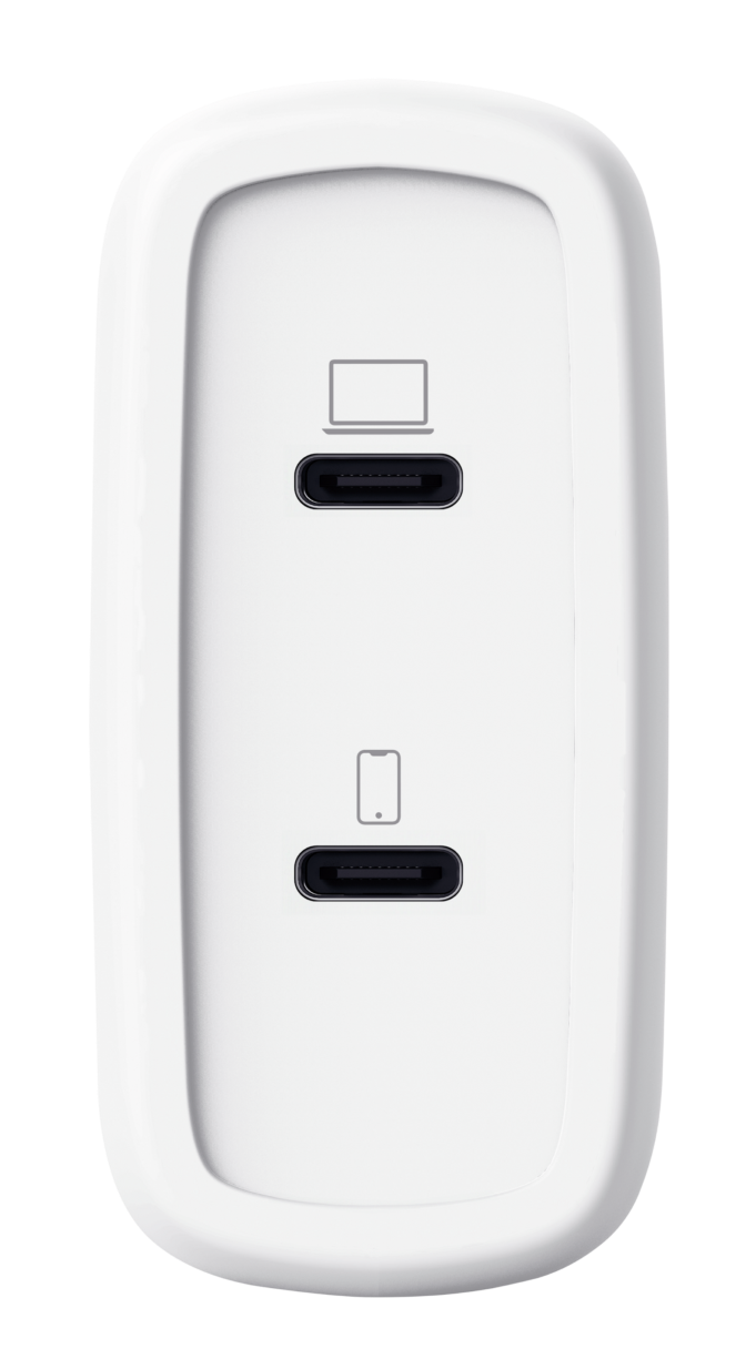 Biała ładowarka z dwoma portami USB-C, jednym dla laptopów i jednym dla telefonów.