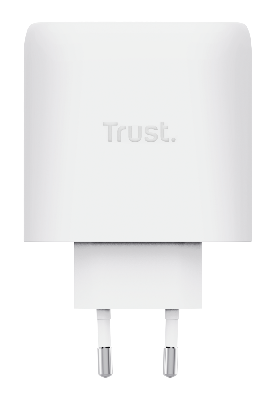 Biały adapter zasilania z logo „Trust.“ i dwoma srebrnymi bolcami.