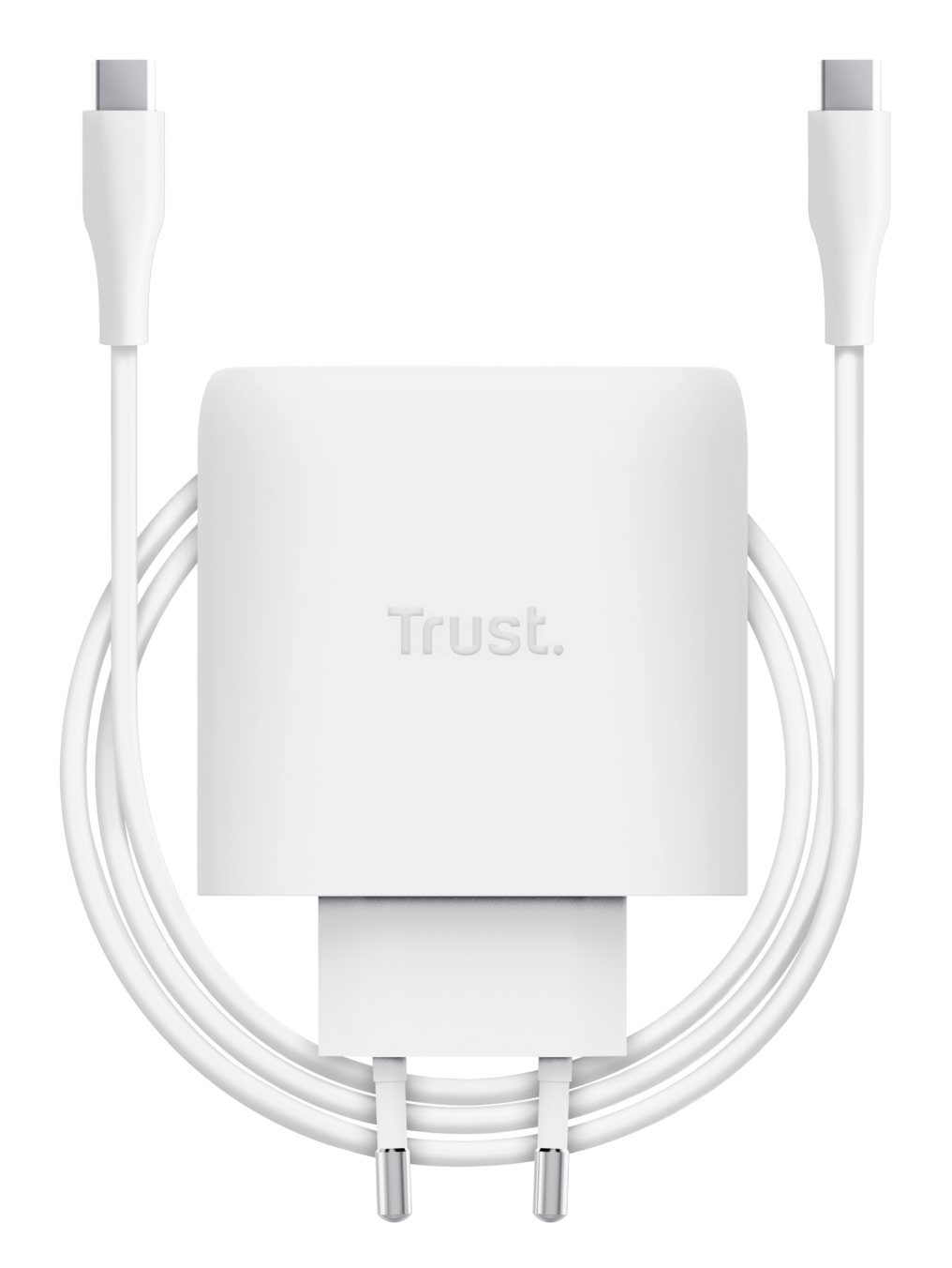 Biała ładowarka Trust z dwoma kablami USB-C na czarnym tle.