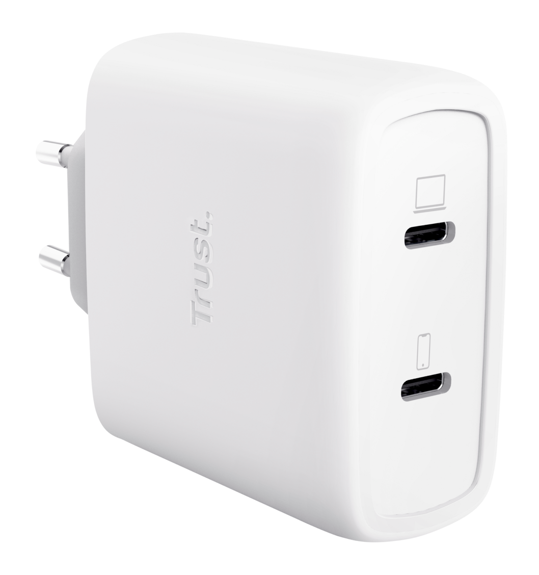 Biały adapter sieciowy Trust z dwoma portami USB-C i dwoma bolcami.