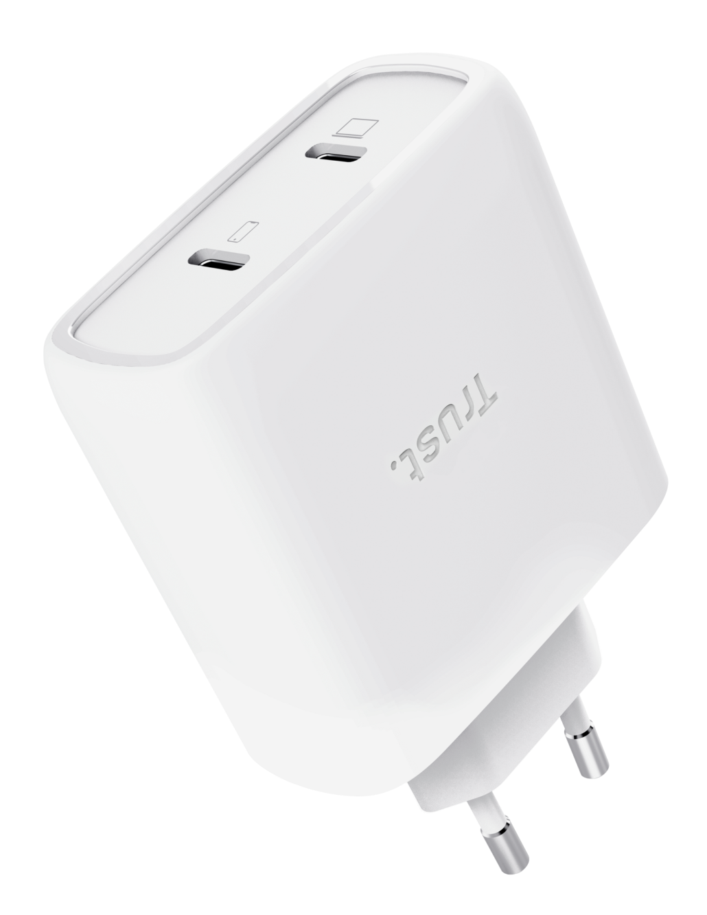 Biała ładowarka USB-C z dwoma portami i wtyczką EU.