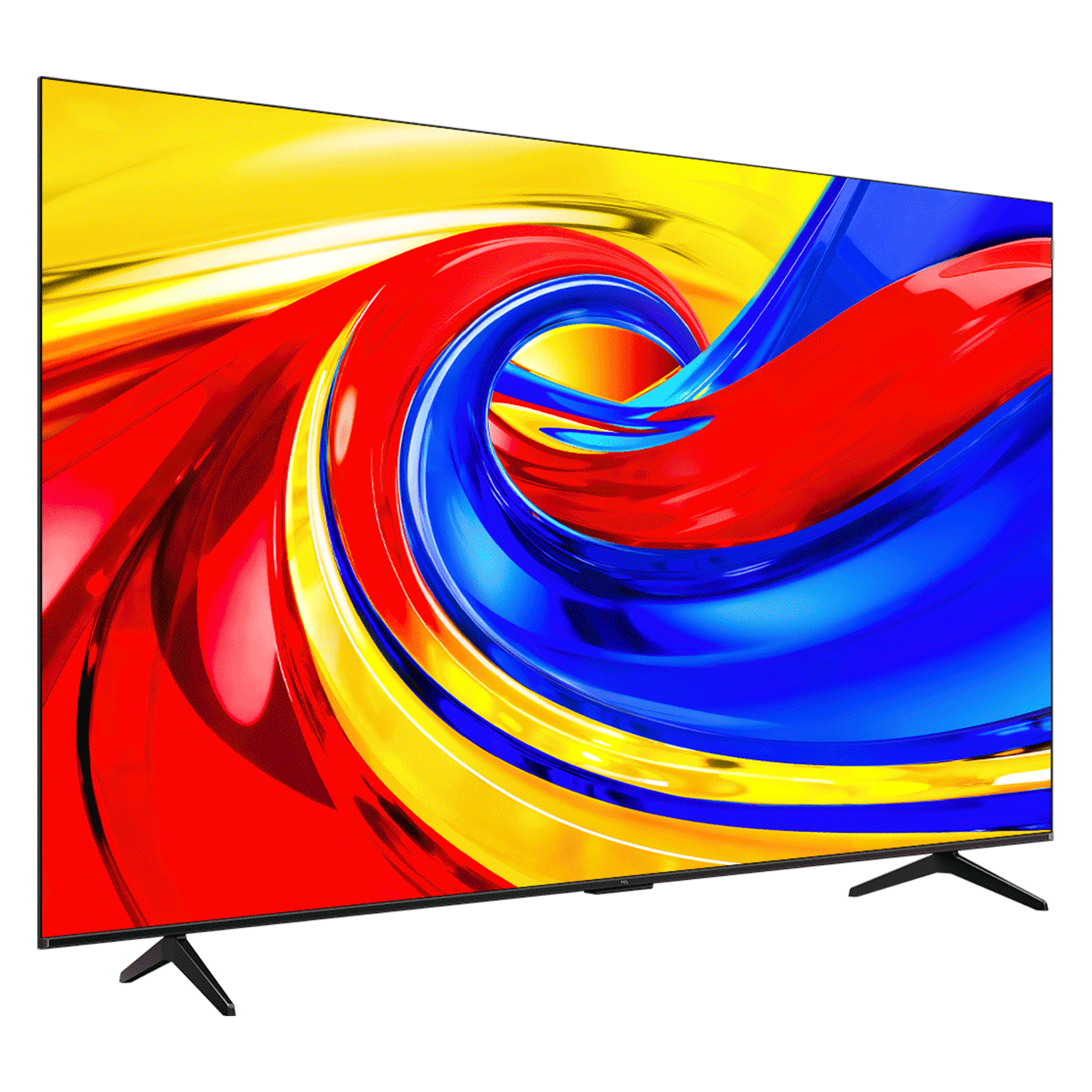 Kırmızı, sarı ve mavi renklerin canlı, soyut desenini gösteren modern bir televizyon.