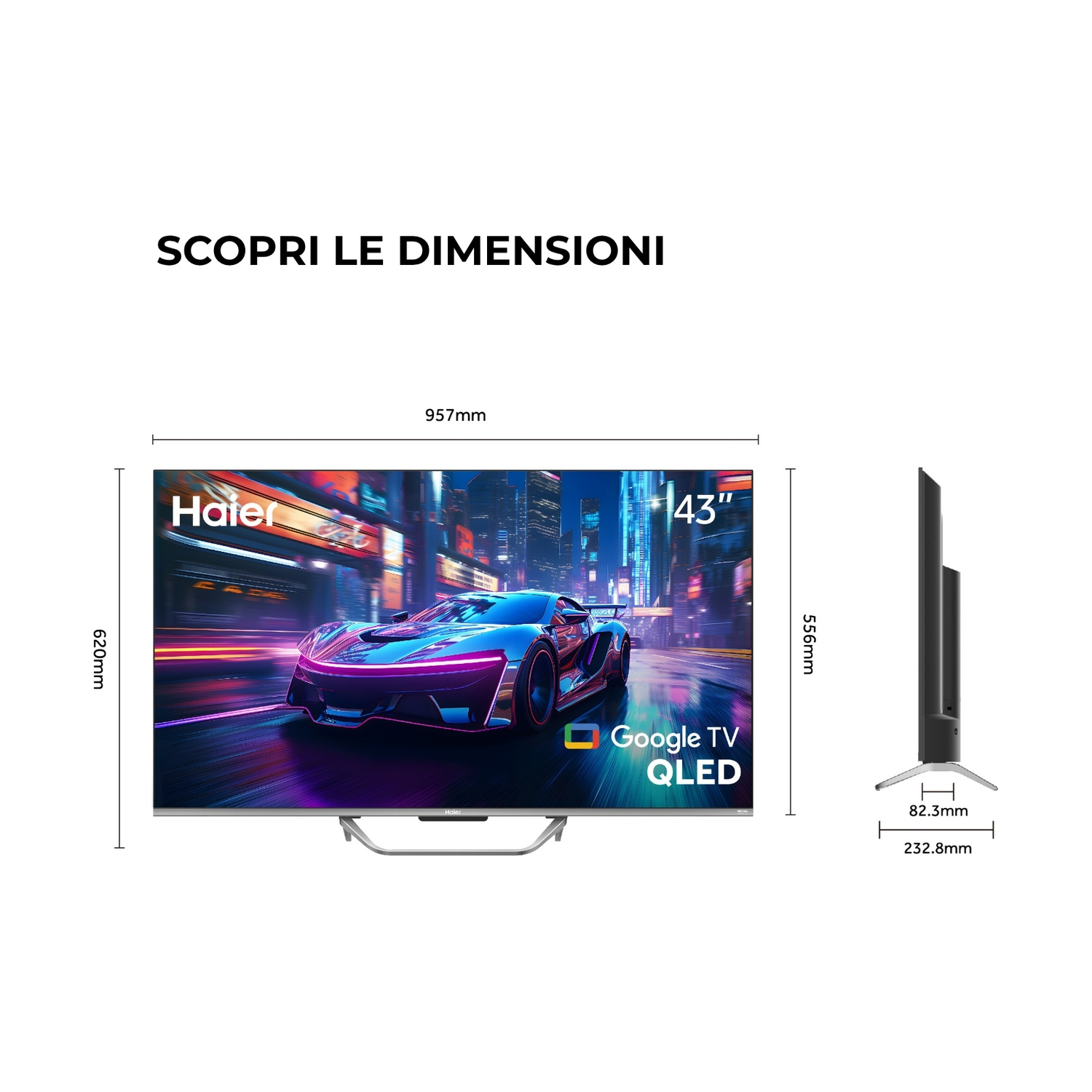 Un Google TV QLED Haier da 43 pollici con immagine di auto da corsa e dimensioni.