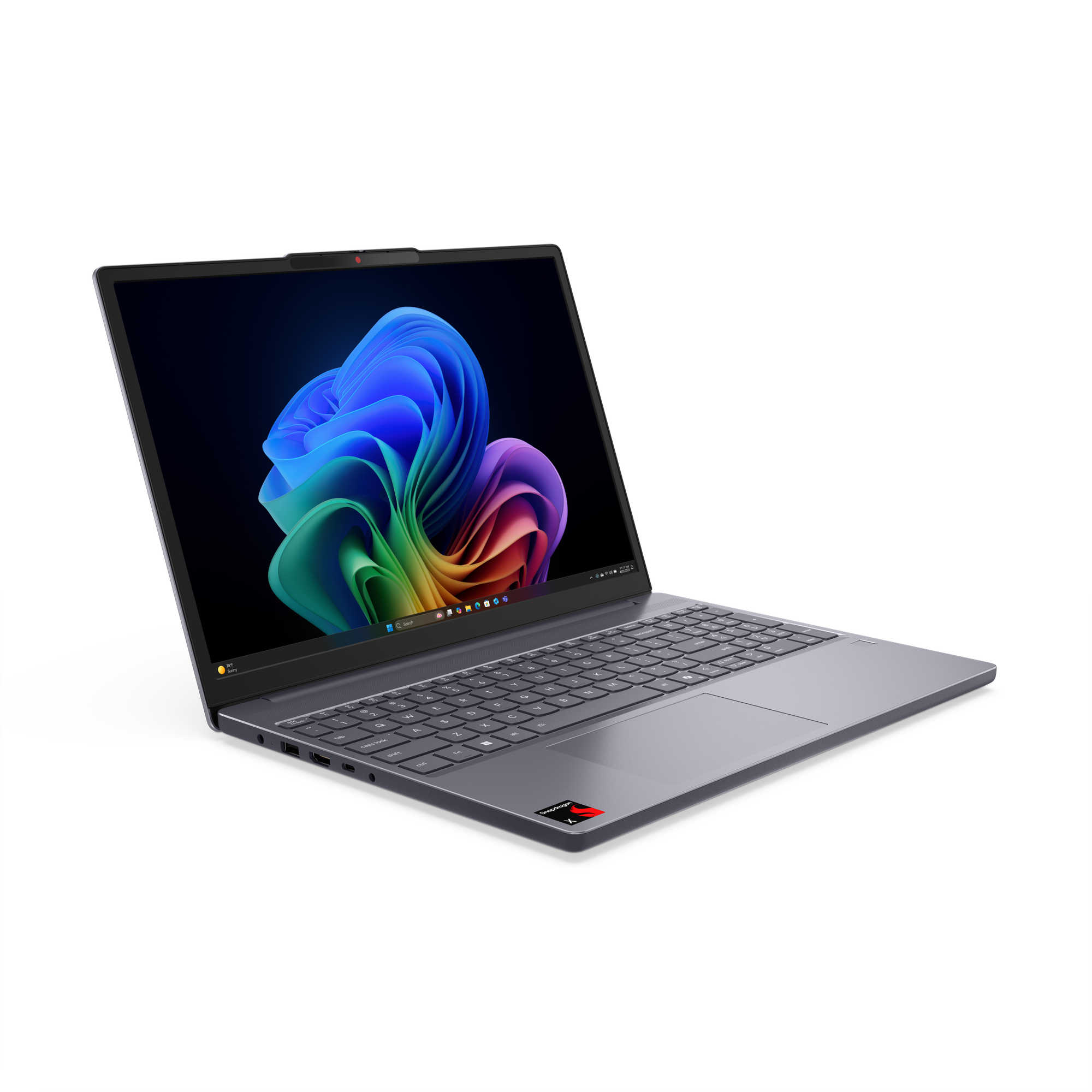 Ein offener Laptop mit blau-grünem Hintergrund und Tastatur.