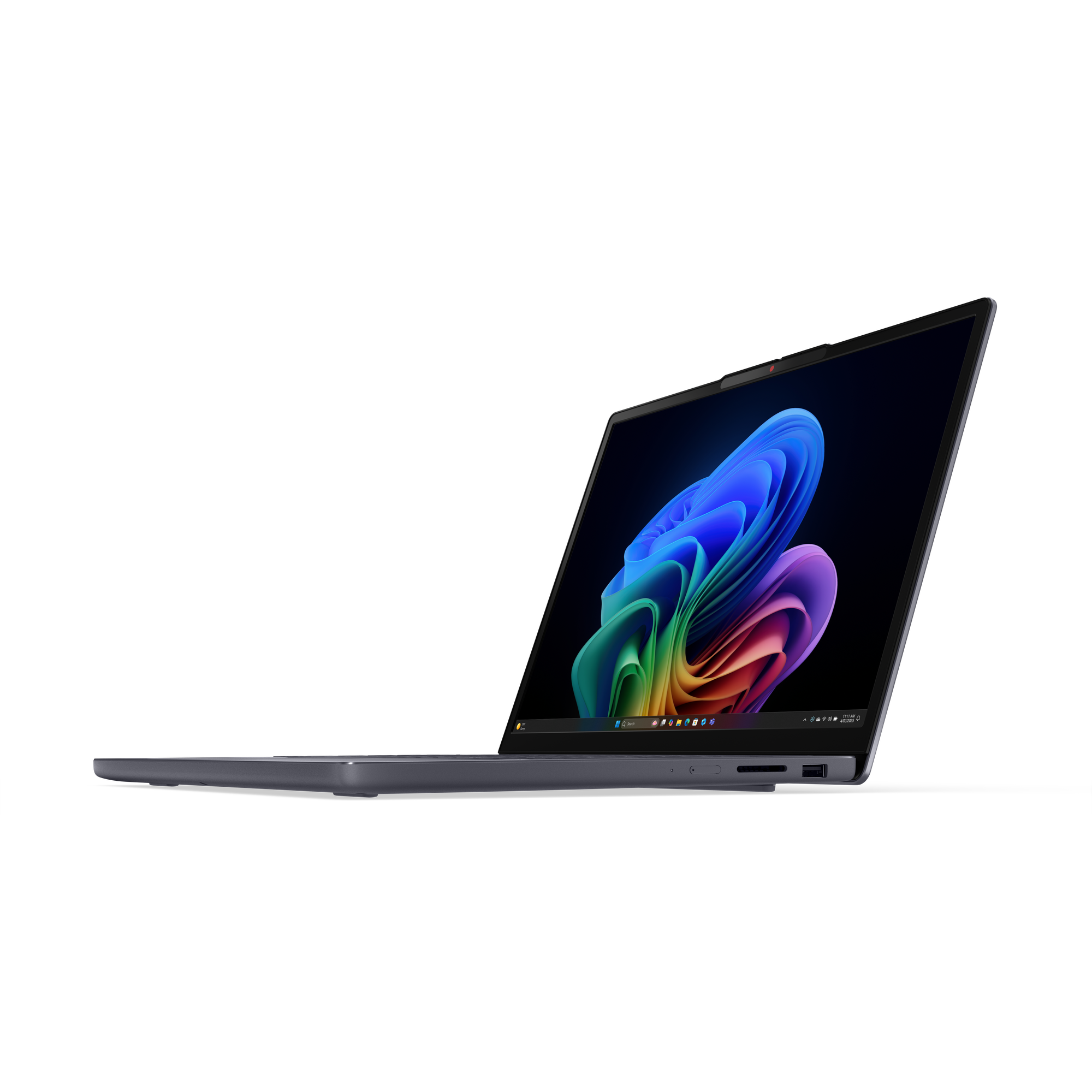 Ein dunkelgrauer Laptop ist abgewinkelt und zeigt ein farbenfrohes abstraktes Hintergrundbild auf seinem Bildschirm.