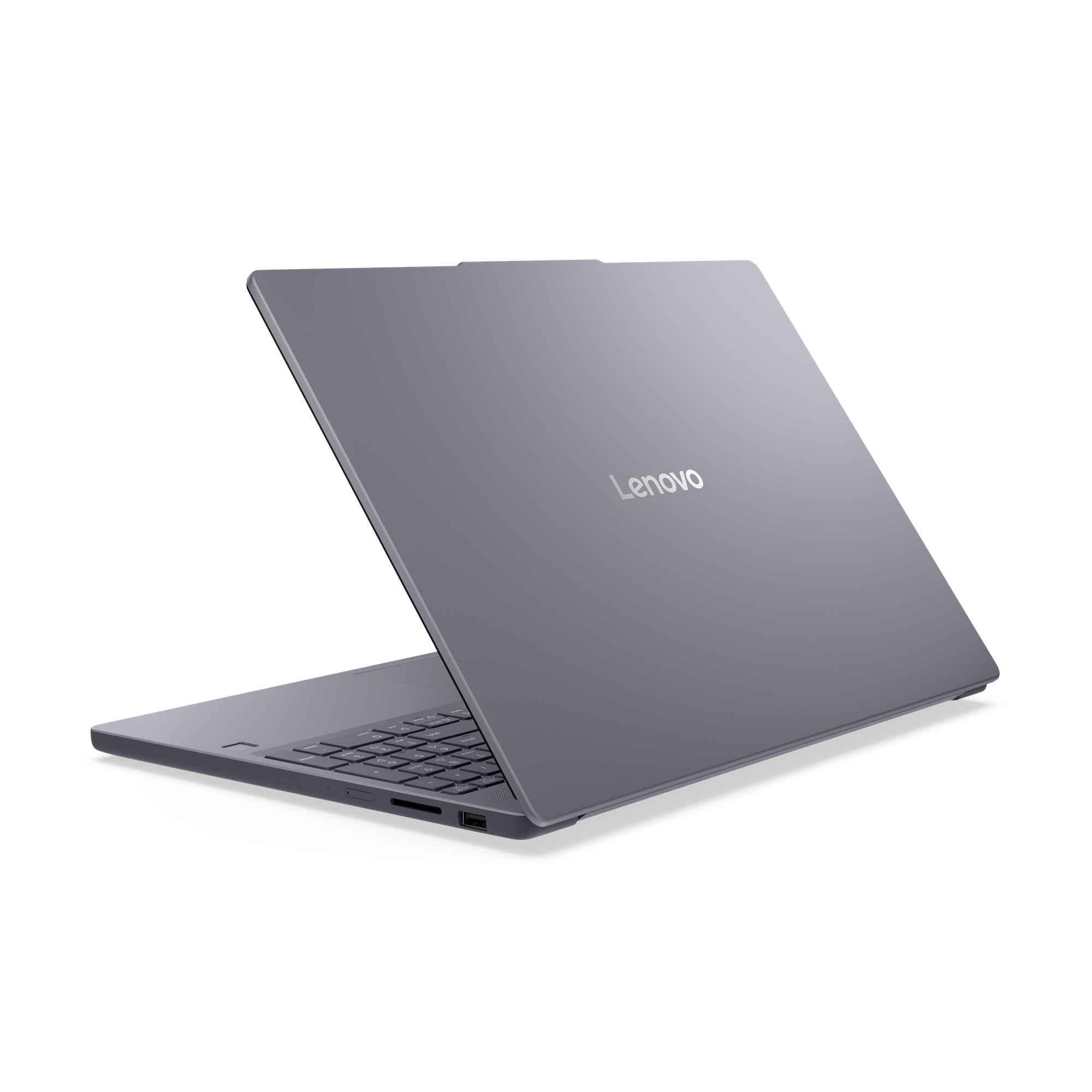 Grauer Lenovo Laptop, teilweise geöffnet, mit Tastatur und Anschlüssen.