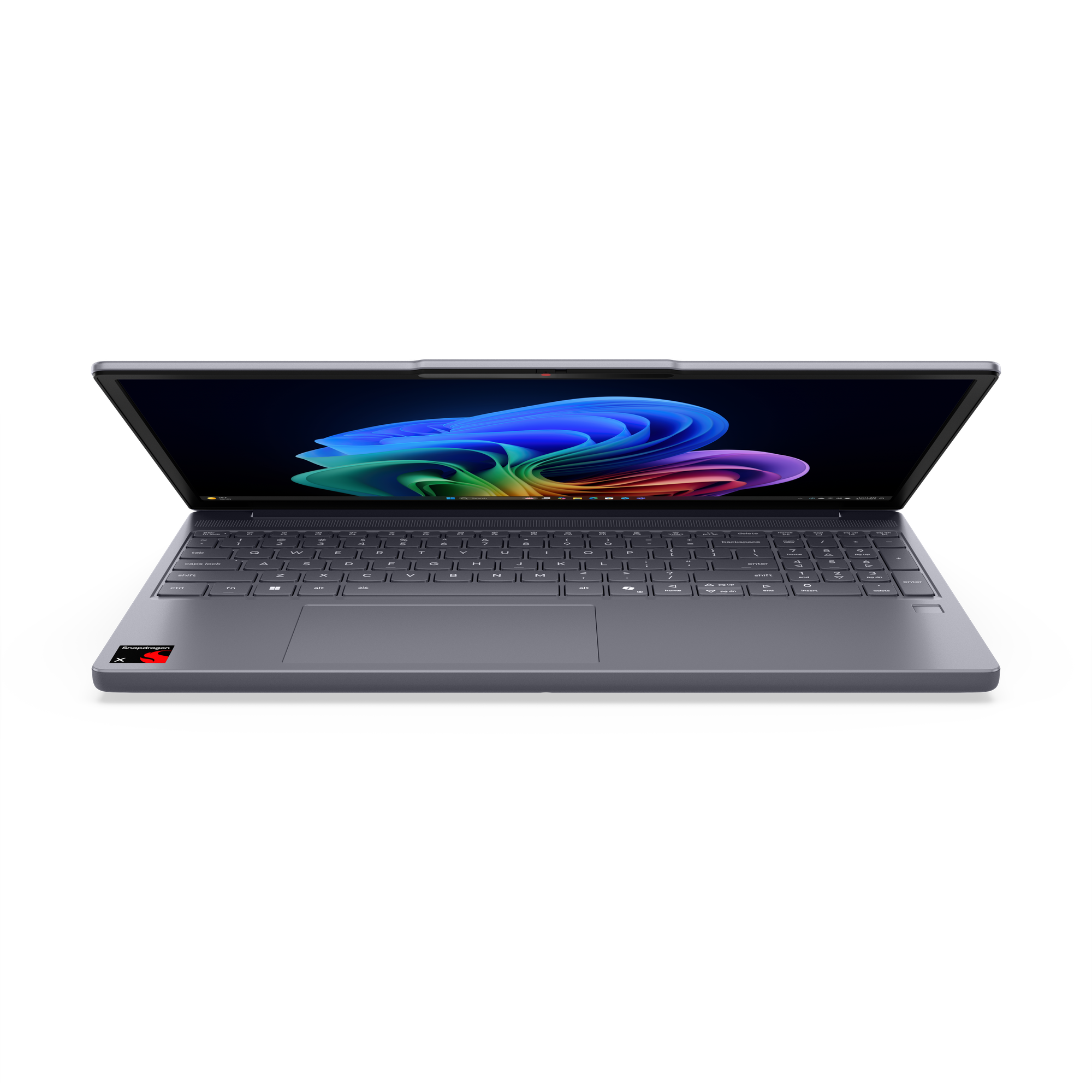 Grauer Laptop mit beleuchtetem, farbenfrohem Hintergrundbild und Tastatur. Snapdragon X-Logo.