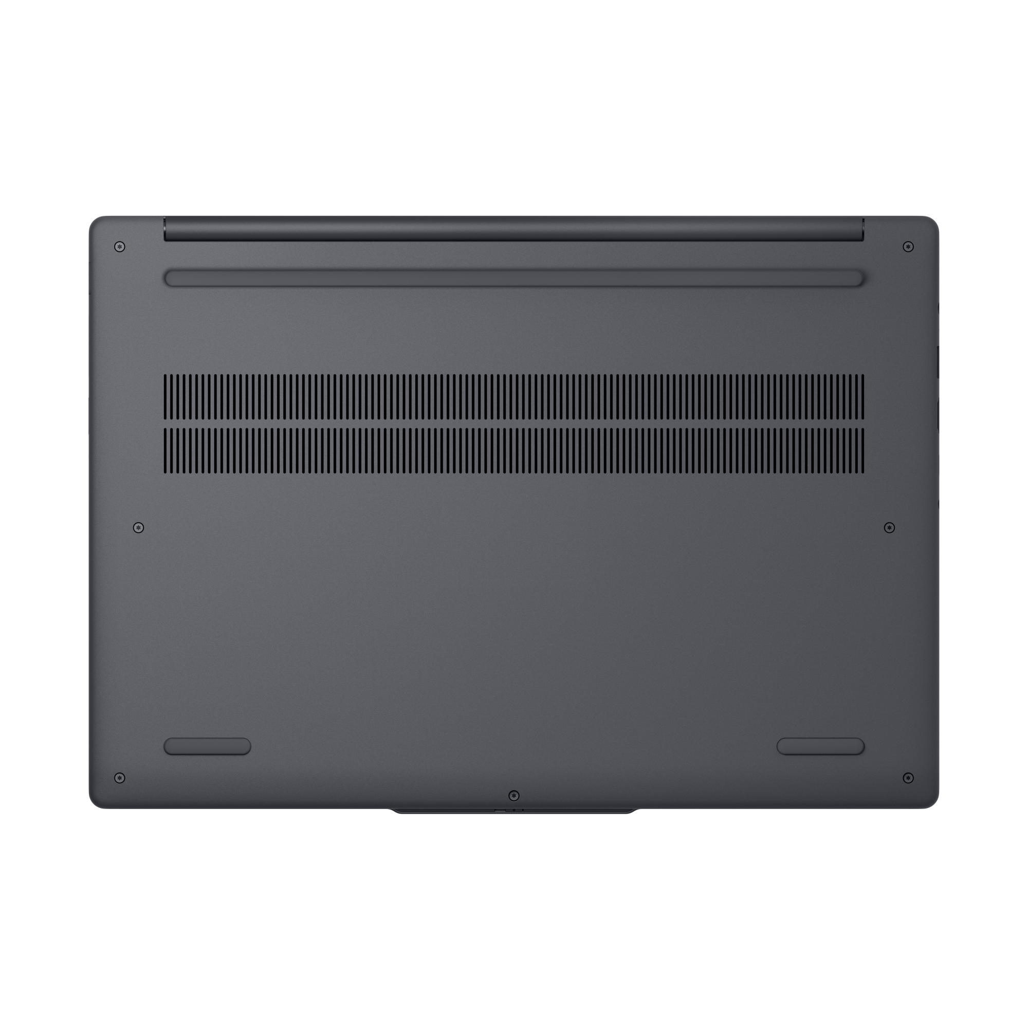 Unterseite eines grauen Laptops mit Lüftungsschlitzen und Schrauben.