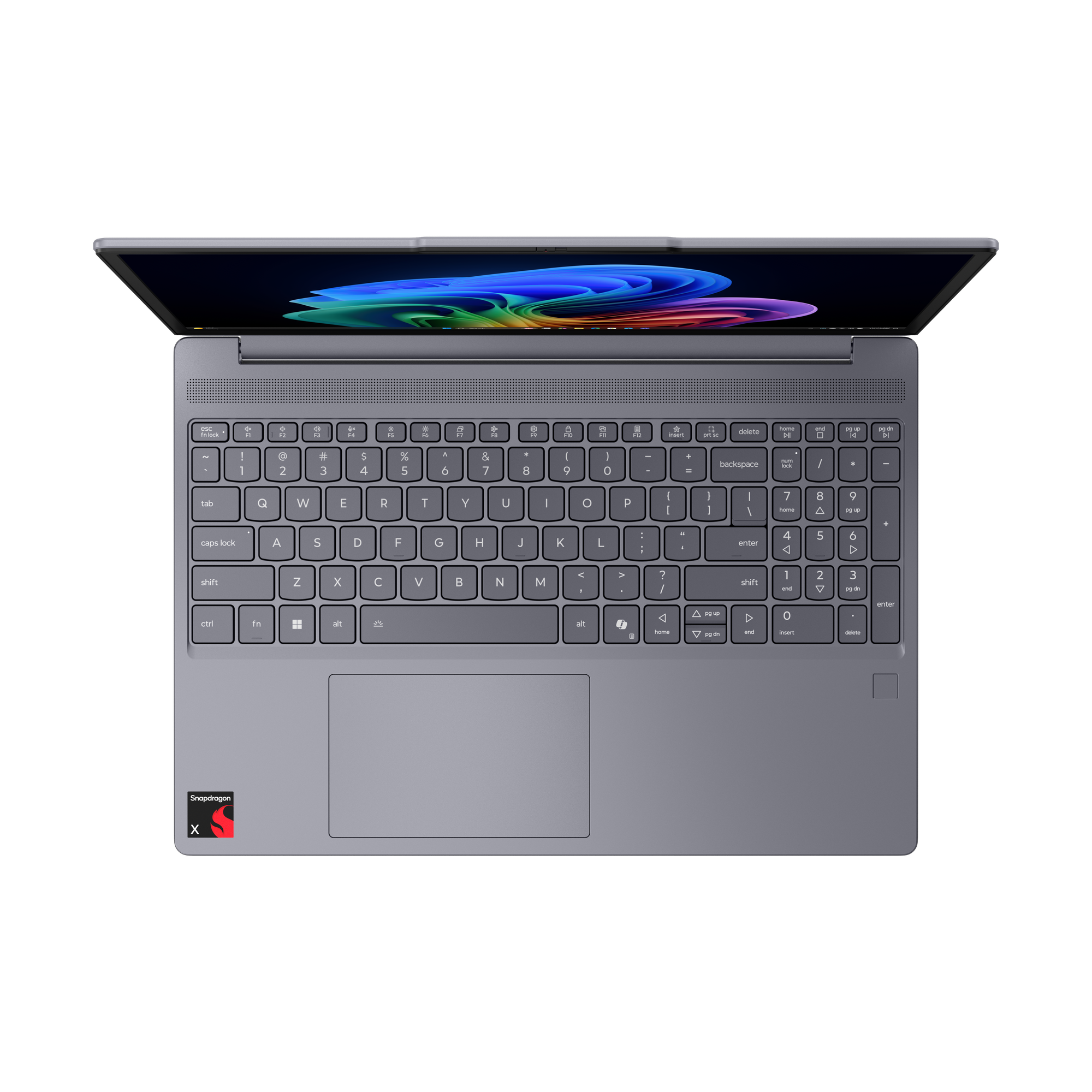 Grauer Laptop mit geöffnetem Bildschirm, der ein buntes Hintergrundbild zeigt.