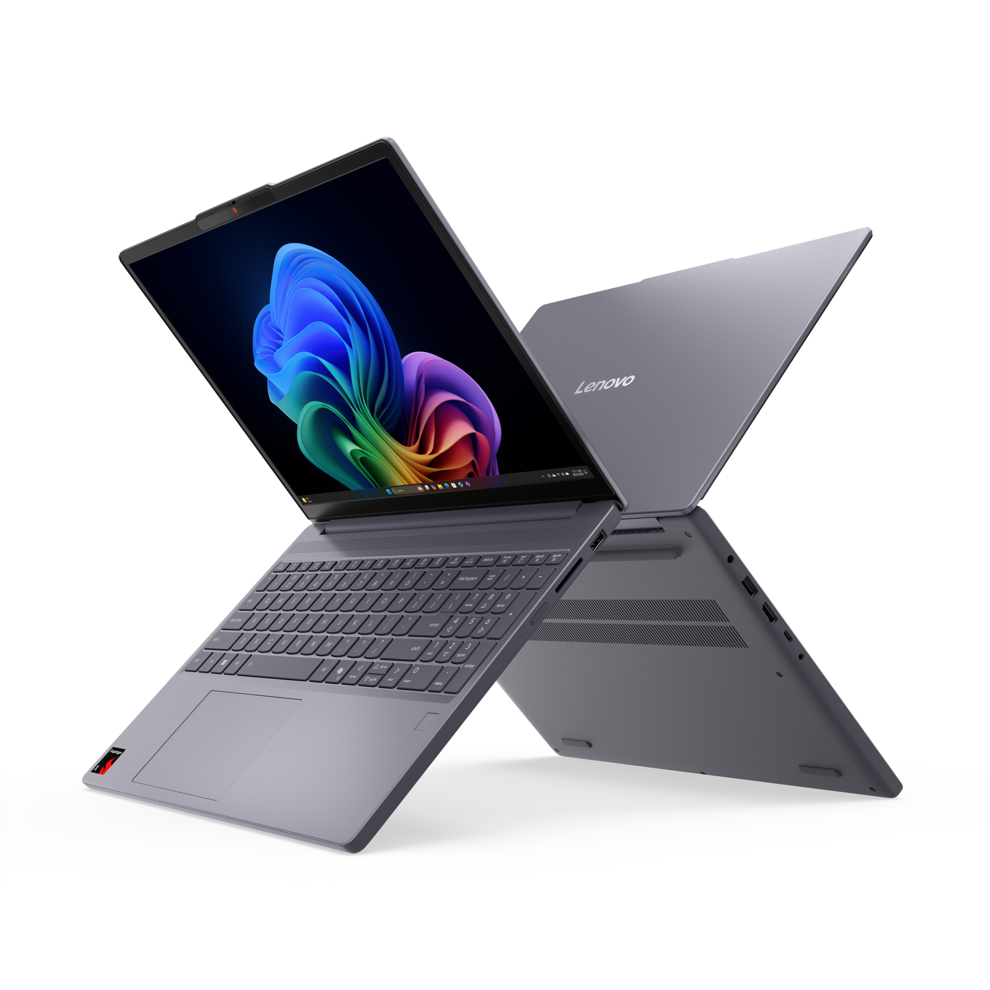 Ein graues Lenovo-Laptop mit geöffnetem Bildschirm, auf dem ein bunter Hintergrund zu sehen ist.