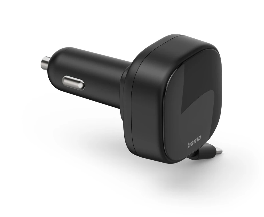 Czarna samochodowa ładowarka Hama USB-C z logo Hama.