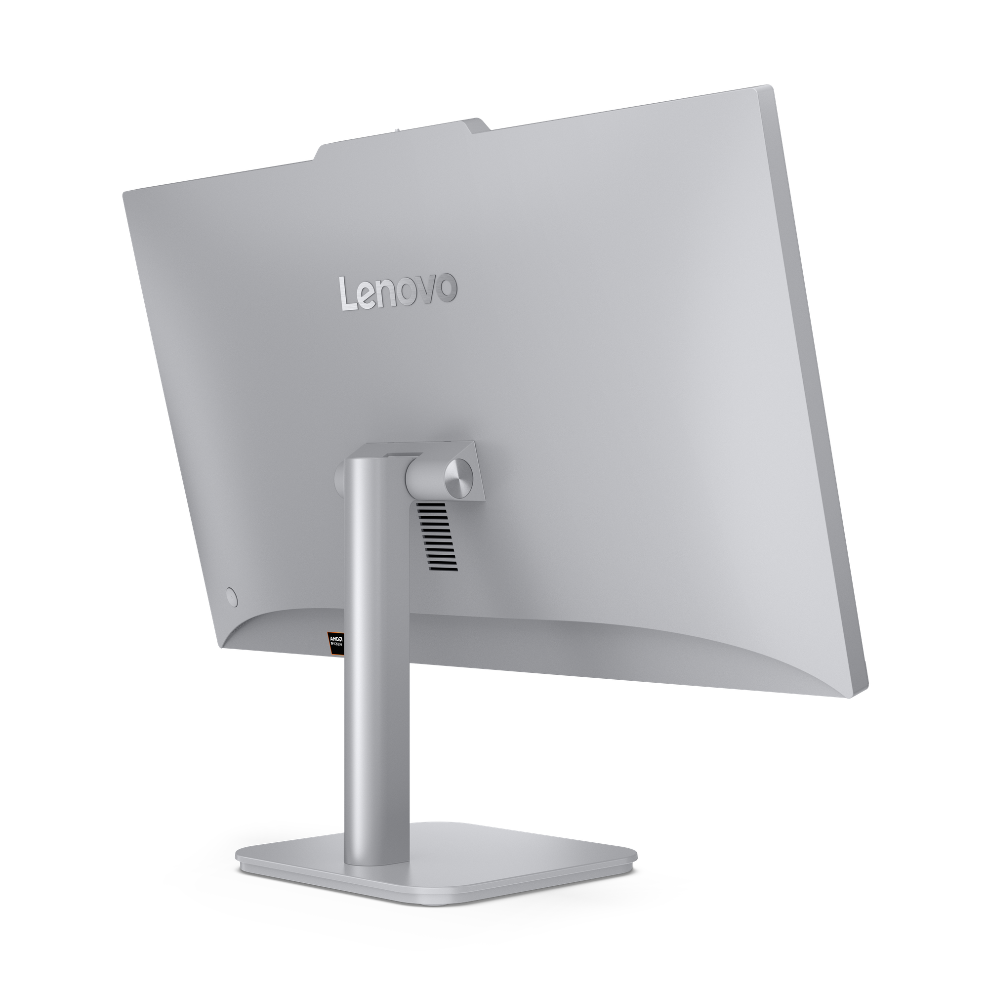 Rückseite eines silbernen Lenovo Monitors mit AMD Ryzen Logo auf schwarzem Hintergrund.